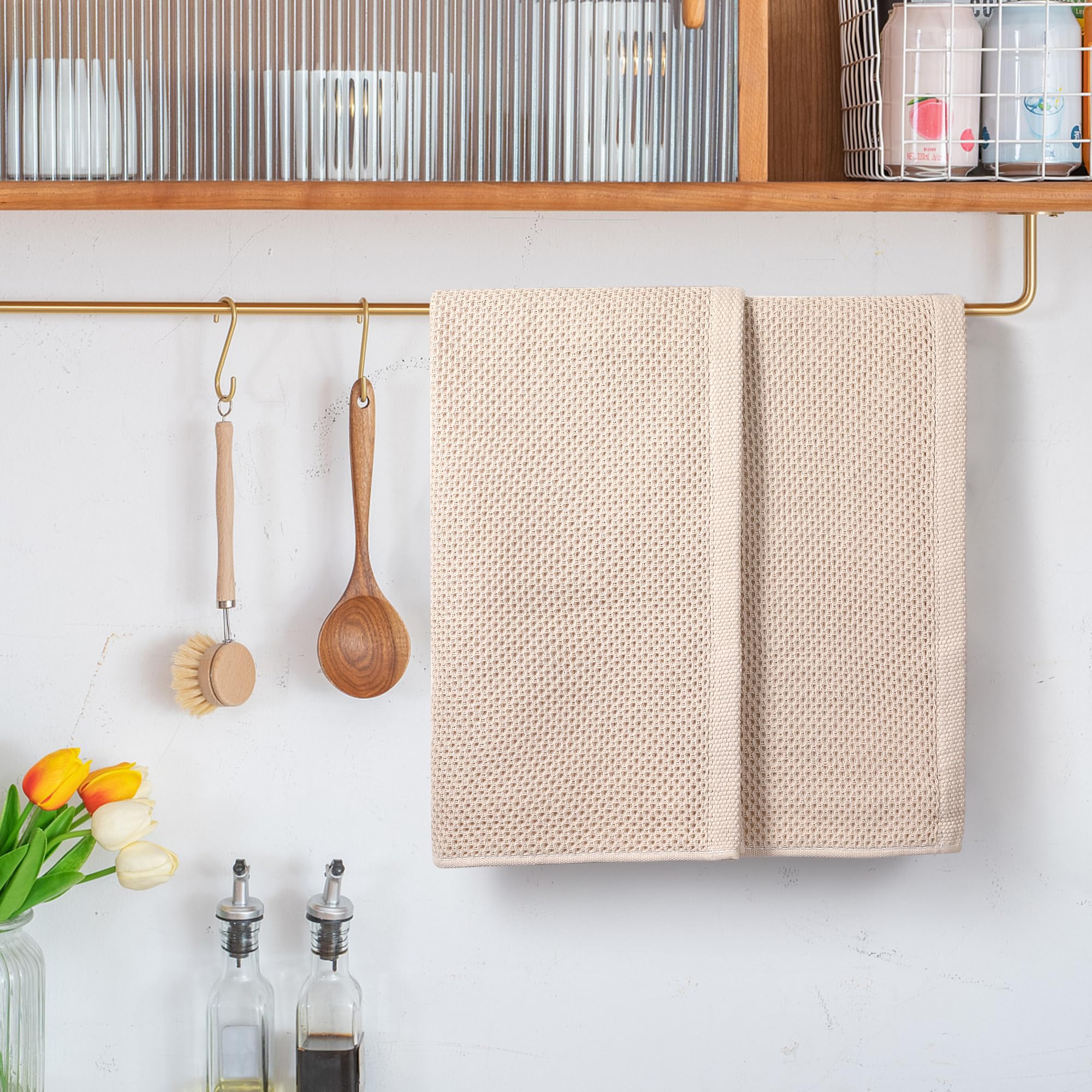 HOMYTOP Large Kitchen Hand Towels,Cotton Waffle Weave Dish Towel for Drying, Cleaning Cloth for Kitchen Dishes - Extra Absorbent and Soft - 16 x 28 inch (Cream-4 Pack)