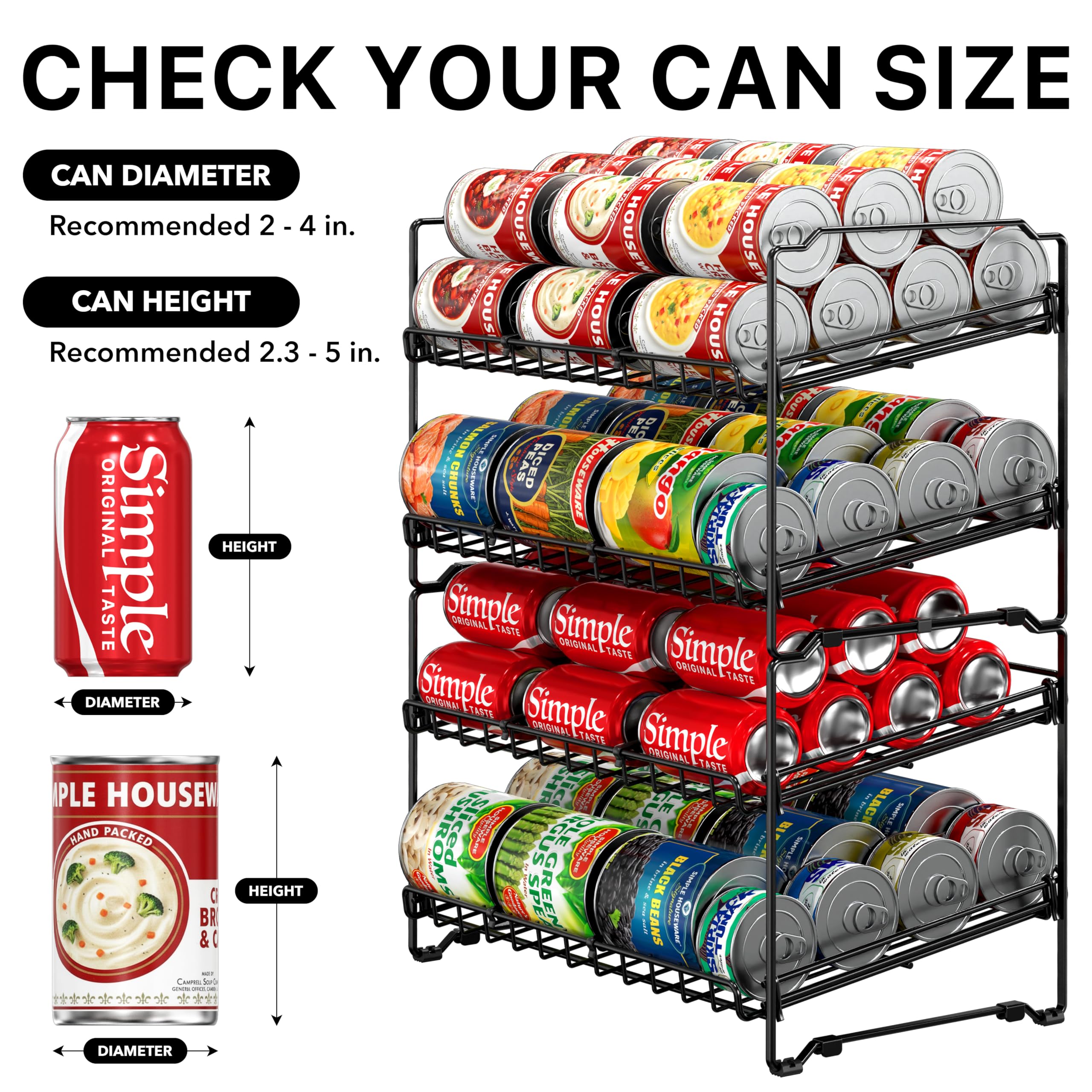 Simple Houseware 2 Tier Stackable Can Rack Organizer for Pantry Storage, 2 Pack, Black
