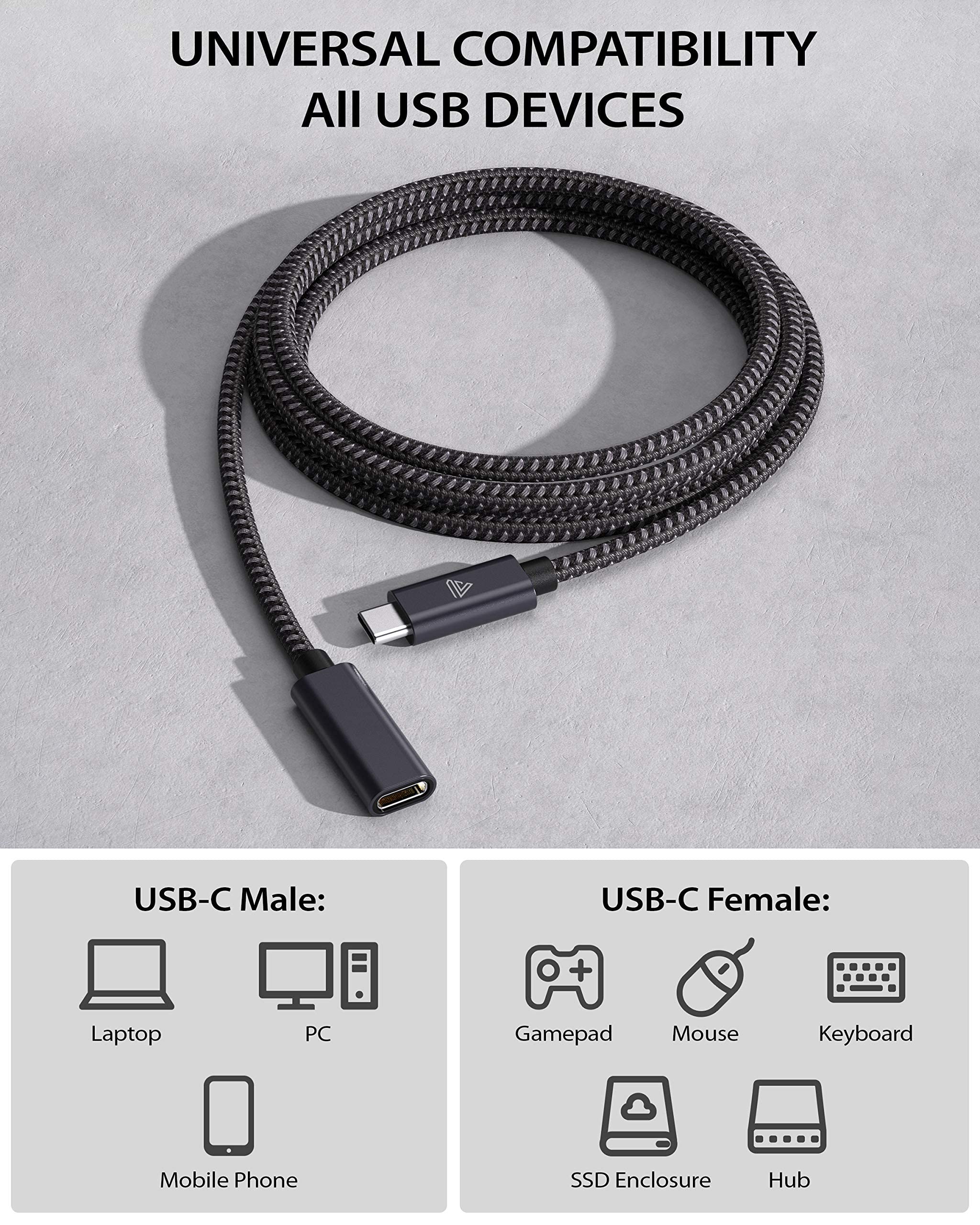Faracent USB C Extension Cable, (10ft/3m) USB 3.2 Gen 2 Data 4K Video Male to Female Extender for iPhone 16/15, Galaxy S24/S23/S22, MacBook Air/Pro, iPad mini/Pro, Surface, Mag-Safe and More- Grey