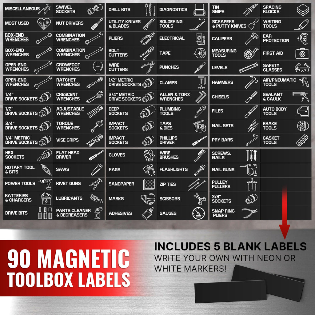 90 Pcs Magnetic Tool Box Labels 3.5x1 inch - Magnetic Toolbox Labels for Tool Box Drawers Strong Magnet Toolbox Organizer Chest Black Pre-Printed & Blanked Emblems for Organization - Toolbox Emblems