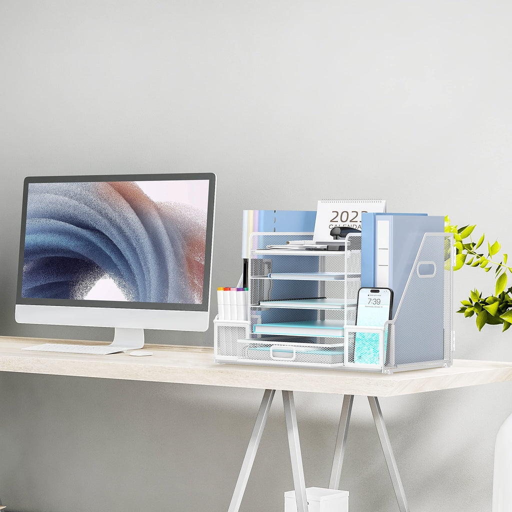 SUPEASY Mesh Desk Organizer with File Holder 5-Tier Paper Letter Tray Organizer with Magazine Holder Desktop Organizer and Storage with Upright Sections for Office Supplies Home or School (White)