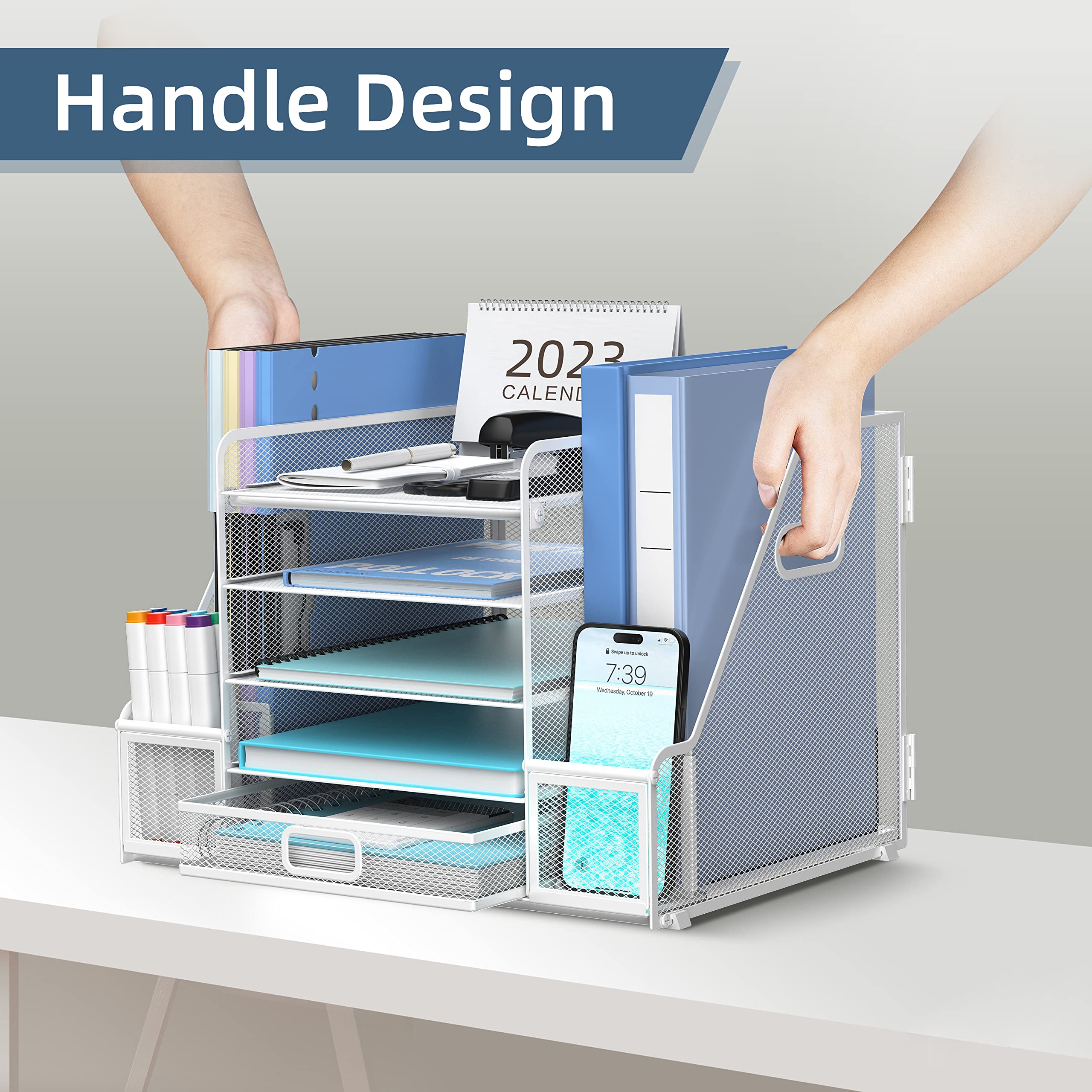 SUPEASY Mesh Desk Organizer with File Holder 5-Tier Paper Letter Tray Organizer with Magazine Holder Desktop Organizer and Storage with Upright Sections for Office Supplies Home or School (White)