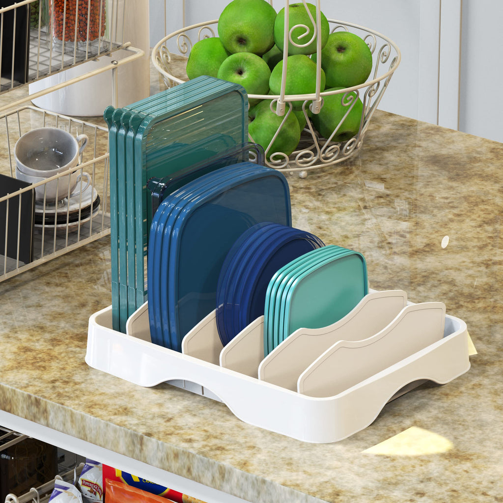 Simple Houseware Food Container Lid Organizer with Adjustable Dividers for Inside Cabinet or Countertop Storage, 13.25" × 10.5", White