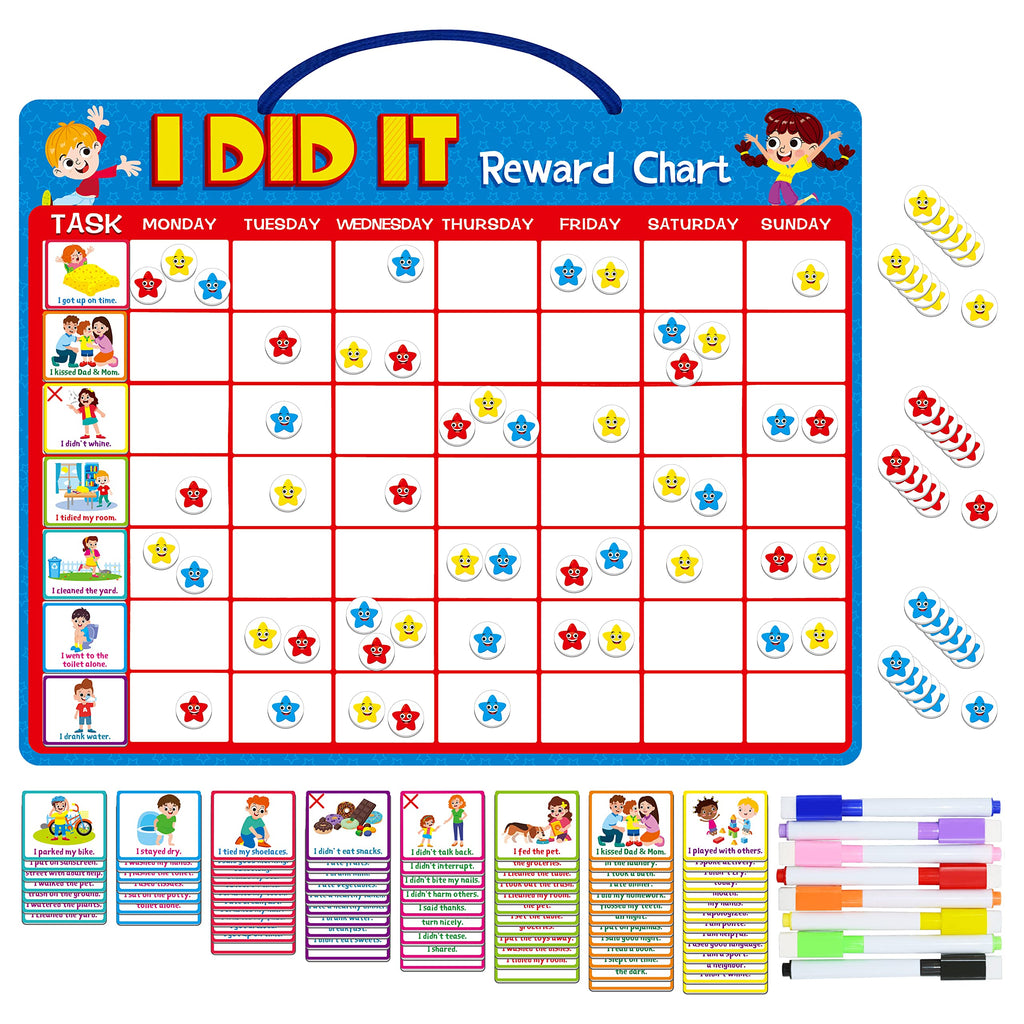Magnetic Reward Chart, Dry Erase Kids Behavior Responsibility Task Board-84 Chores (Including 7 Blanks), 272 Magnetic Stars, 8 Markers & 3 Name Cards-Good Behavior Daily Routine to Motivate Kids