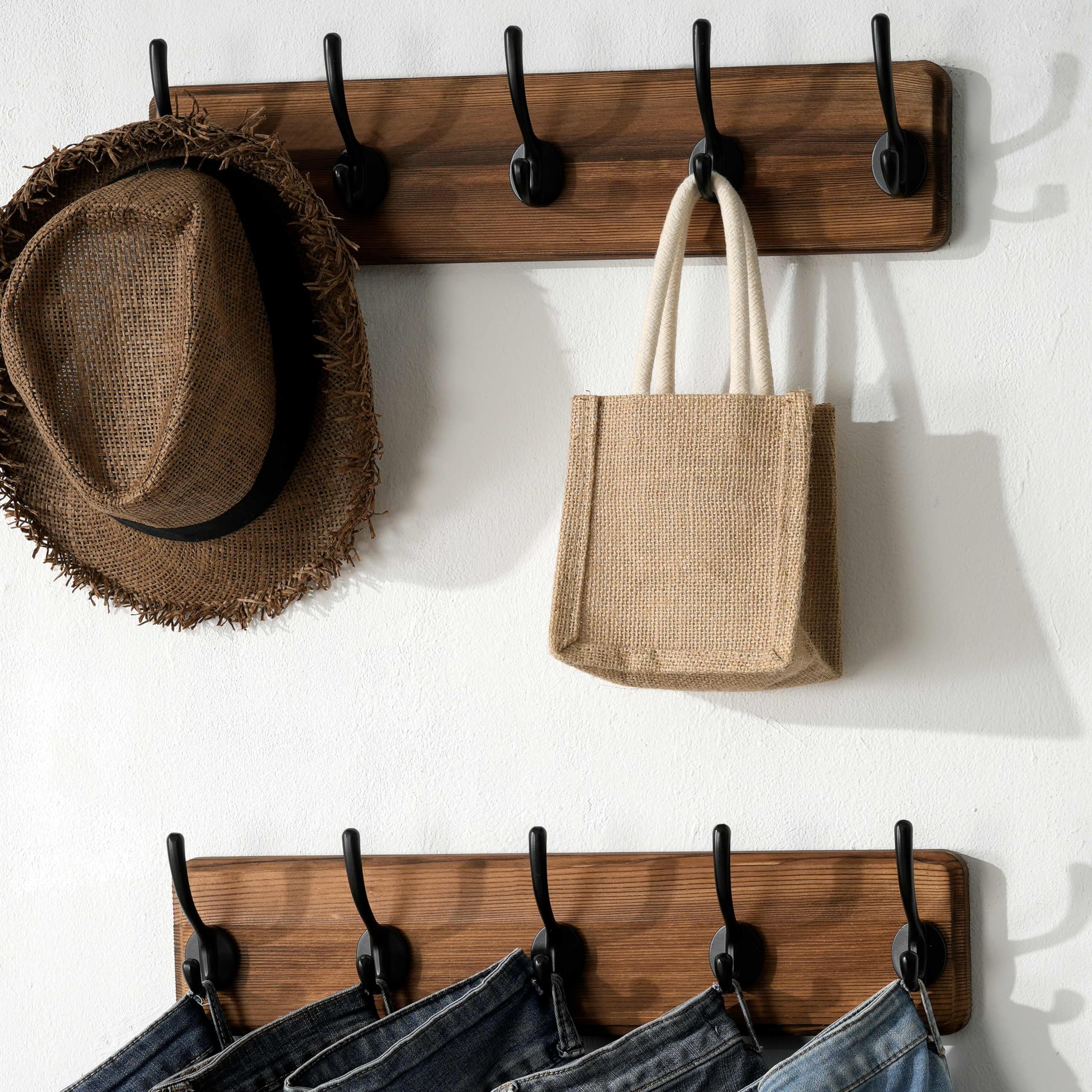 SKOLOO Rustic Wall Mounted Coat Rack, 16-inches Hole to Hole, Pine Real Wood Plank Wall Coat Rack with 5 Hooks, Farmhouse Coat Hanger Wall Mount for Hanging Backpack Jacket Coat Hat