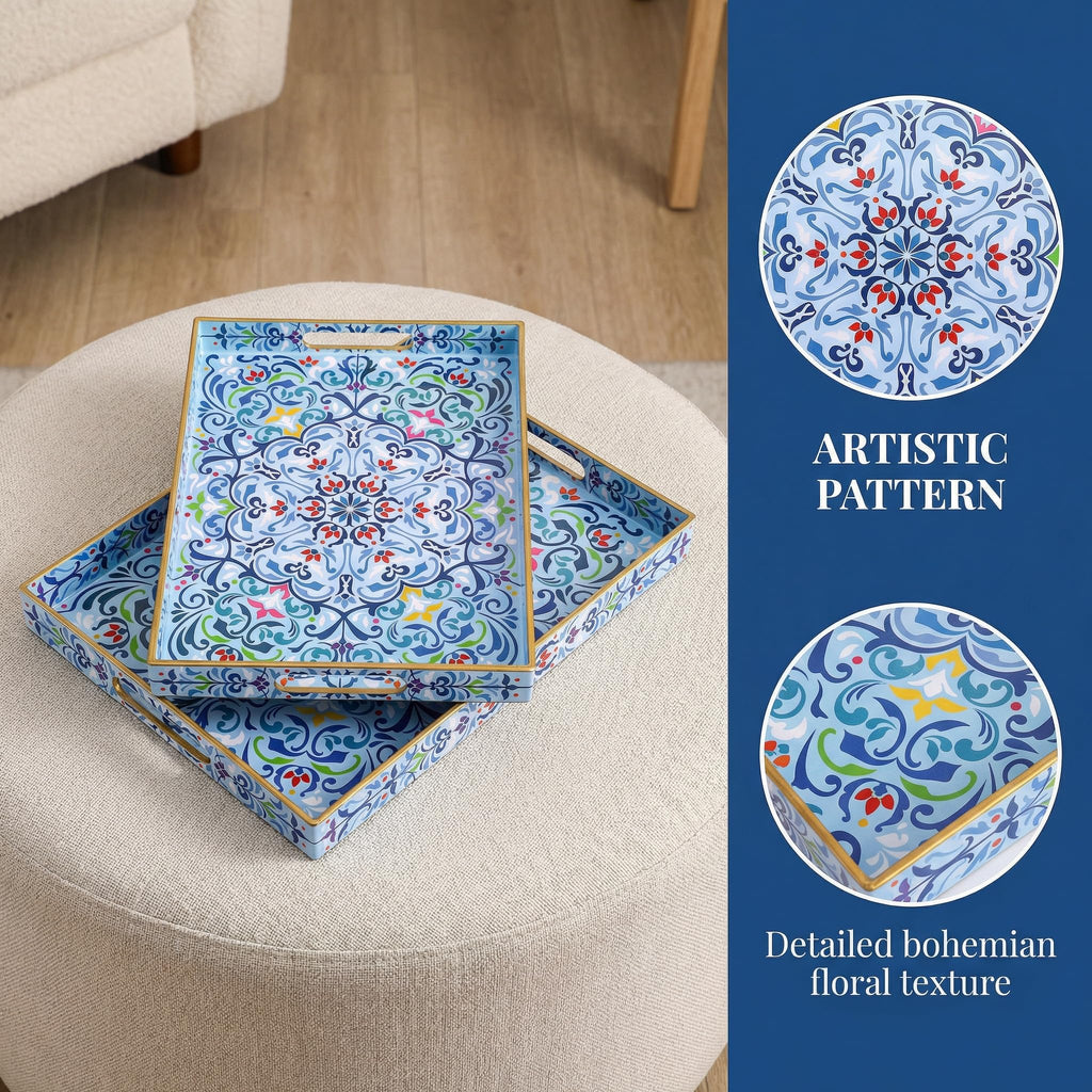 Hiceeden Set of 2 Boho Floral Serving Tray with Handles, 15.7" x 11.8" Decorative Plastic Ottoman Tray, Modern Large Coffee Table Server for Living Room, Bathroom, Rectangle, Blue