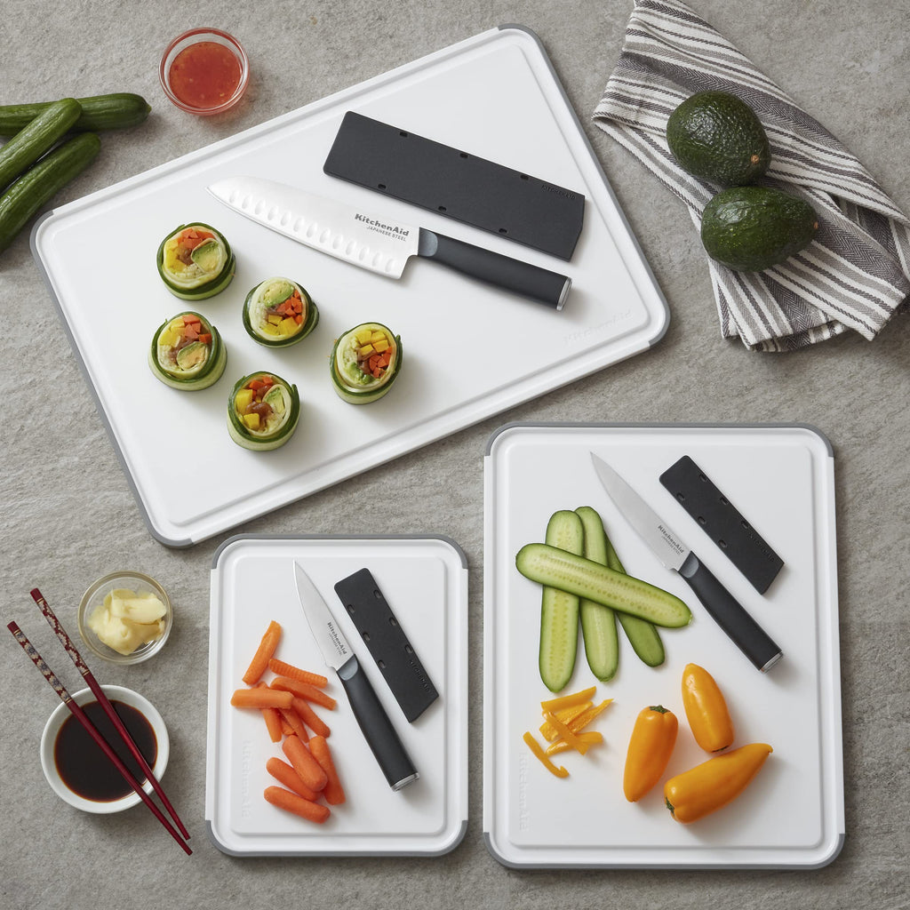 KitchenAid Classic Plastic Cutting Board with Perimeter Trench and Non Slip Edges, Dishwasher Safe, 12 inch x 18 inch, White and Gray