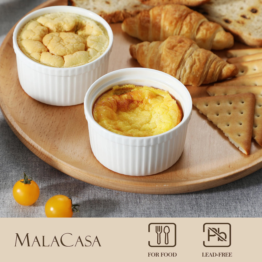 MALACASA 8 oz Ramekins with Lids, WhitePorcelain Creme Brulee Souffle Ramekins Ceramic Custard Cups Set of 6, Dishwasher and Oven Safe, Series RAMEKIN. DISH