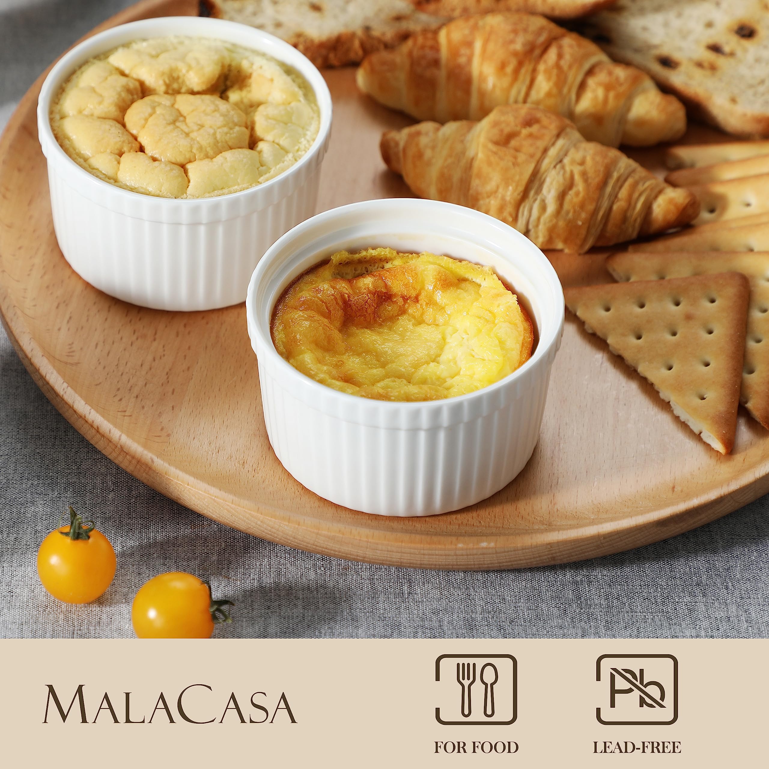 MALACASA 8 oz Ramekins with Lids, WhitePorcelain Creme Brulee Souffle Ramekins Ceramic Custard Cups Set of 6, Dishwasher and Oven Safe, Series RAMEKIN. DISH
