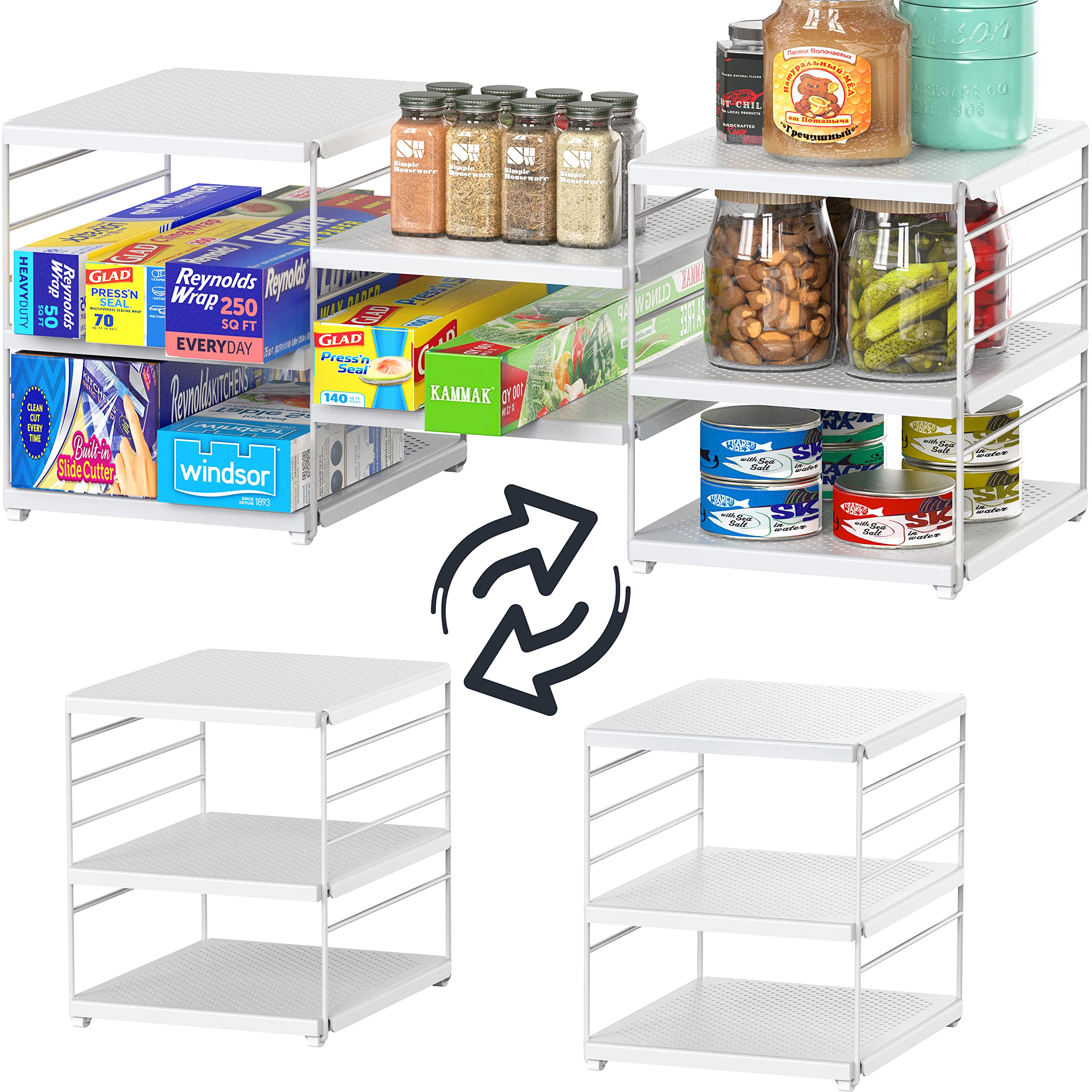 Simple Houseware Expandable Counter Shelf Organizer, Adjustable Storage Rack for Kitchen Cabinets, Pantry, or Desktop Accessories, 9.5" D x 23" W x 9.25" H, White