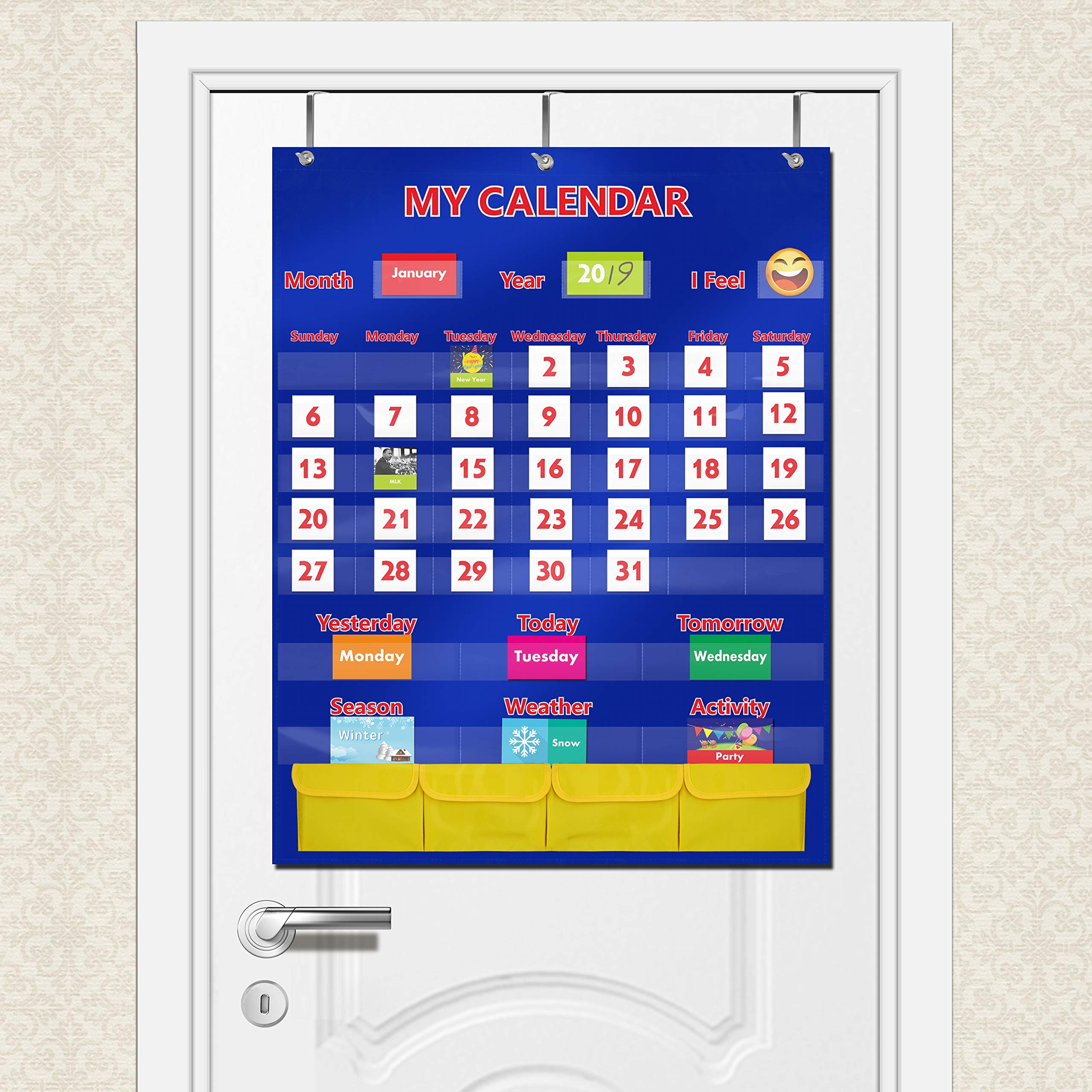 Calendar and Weather Pocket Chart with 148 Cards,(108 Illustrated Activity Cards, 40 Dry Erasable Flash Cards and 3 Hooks 28” X 35.5”)