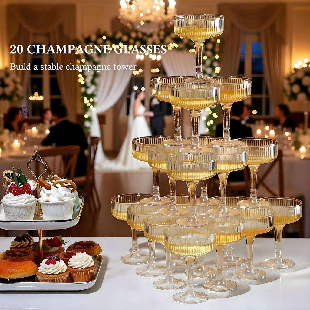 SOBECHOI 4-Tier Champagne Premium Champagne Tower Set - 20 Pcs Clear Plastic Coupe Glasses, Stackable Fluted Toasting Flutes for Parties & Weddings, Elegant Shatterproof Drinkware 7 oz