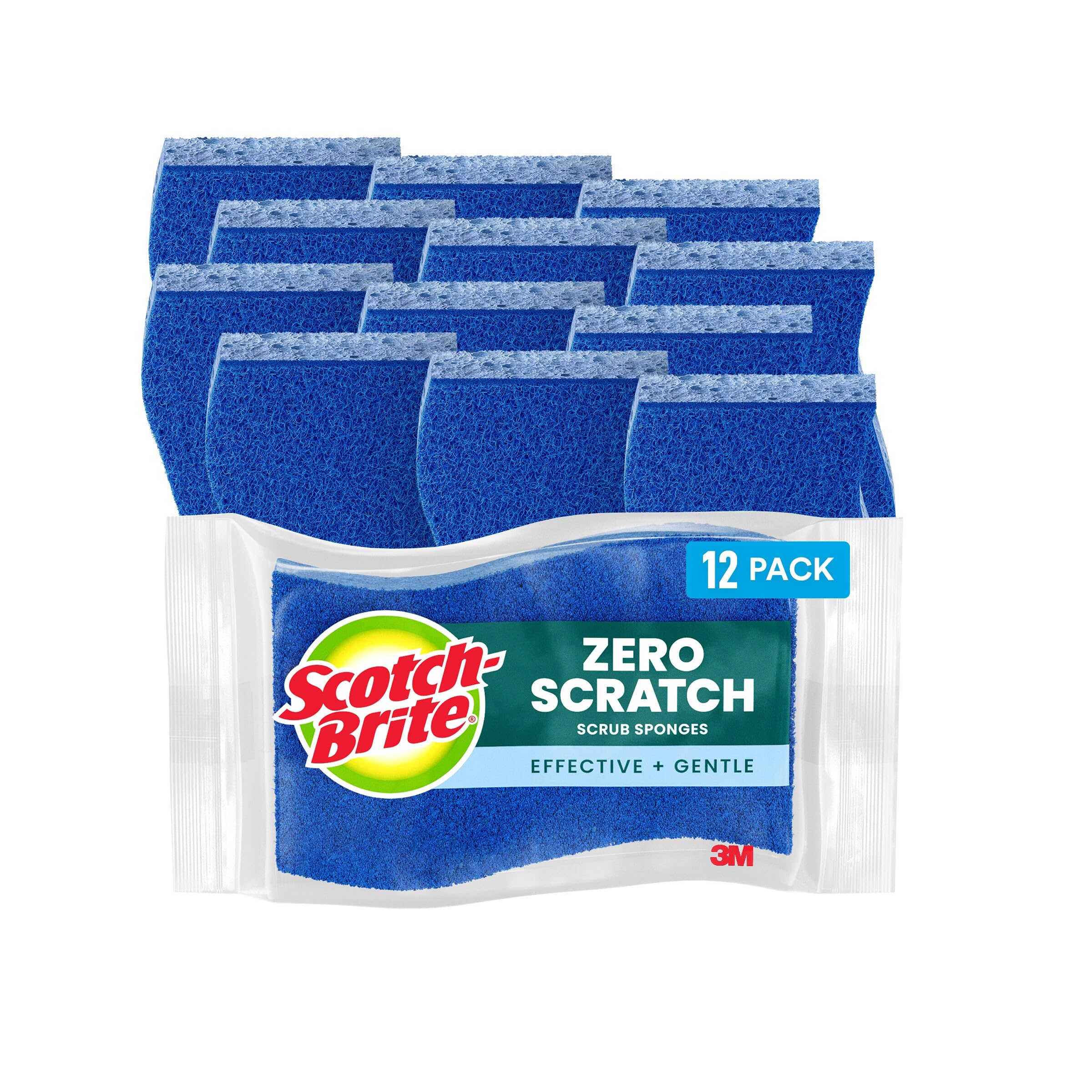 Scotch-Brite Zero Scratch Scrub Sponge, 12 Kitchen Sponges for Cleaning Around The Home, Bathroom & More, Effective + Gentle Dish Scrubber, Best for Nonstick Pots and Pans, Safe on Most Surfaces