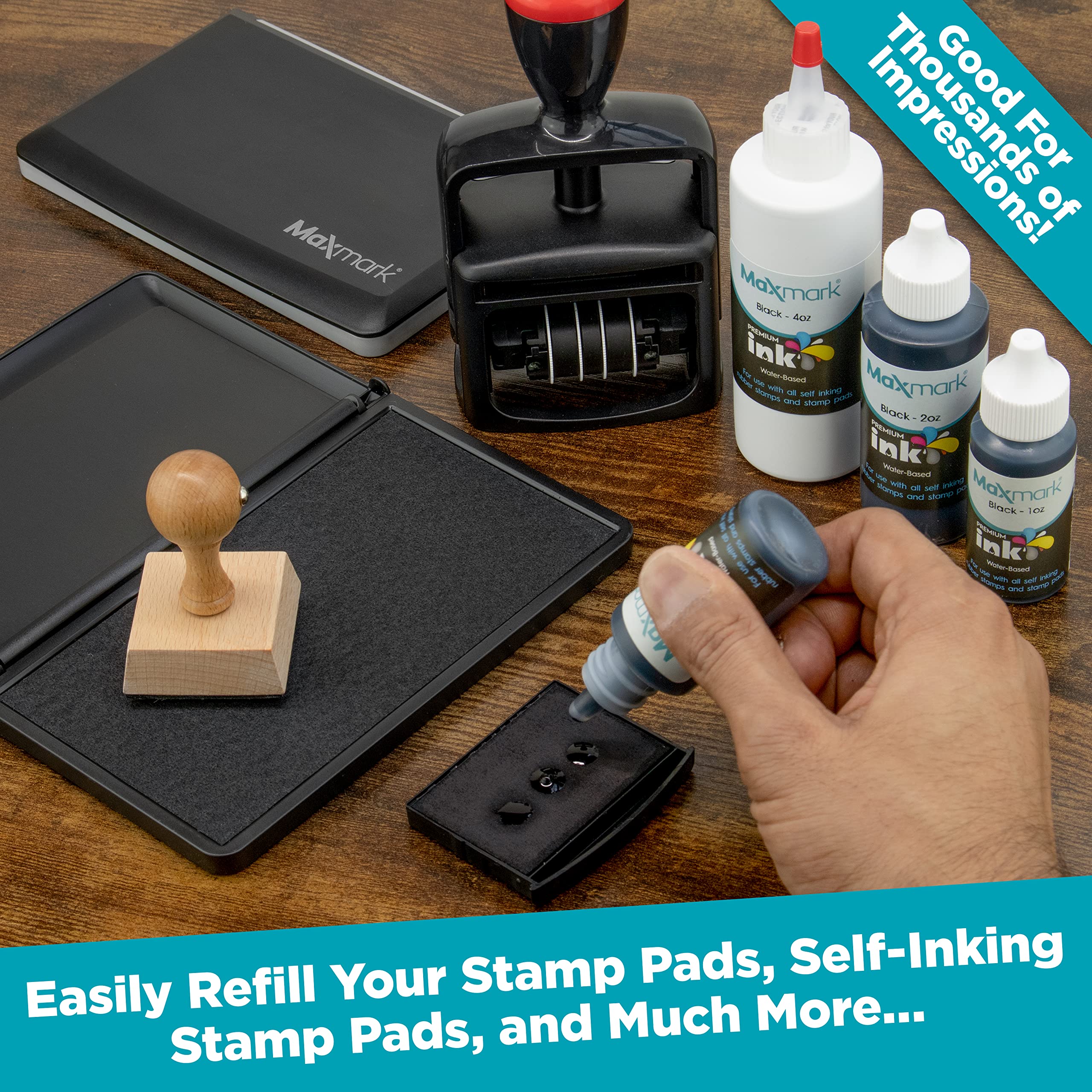 MaxMark Premium Refill Ink for self inking stamps and stamp pads, Black Color - 2 oz.