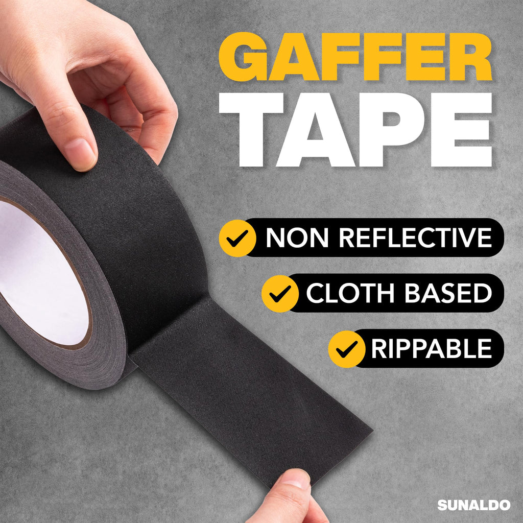 SUNALDO Gaffers Tape Strong Hold, Easy to Rip, Residue-Free Professional Grade Floor Tape for Electrical Cords, Matte Finish Non Reflective, Weather Resistant (1, Black, 2" x 30 Yards)