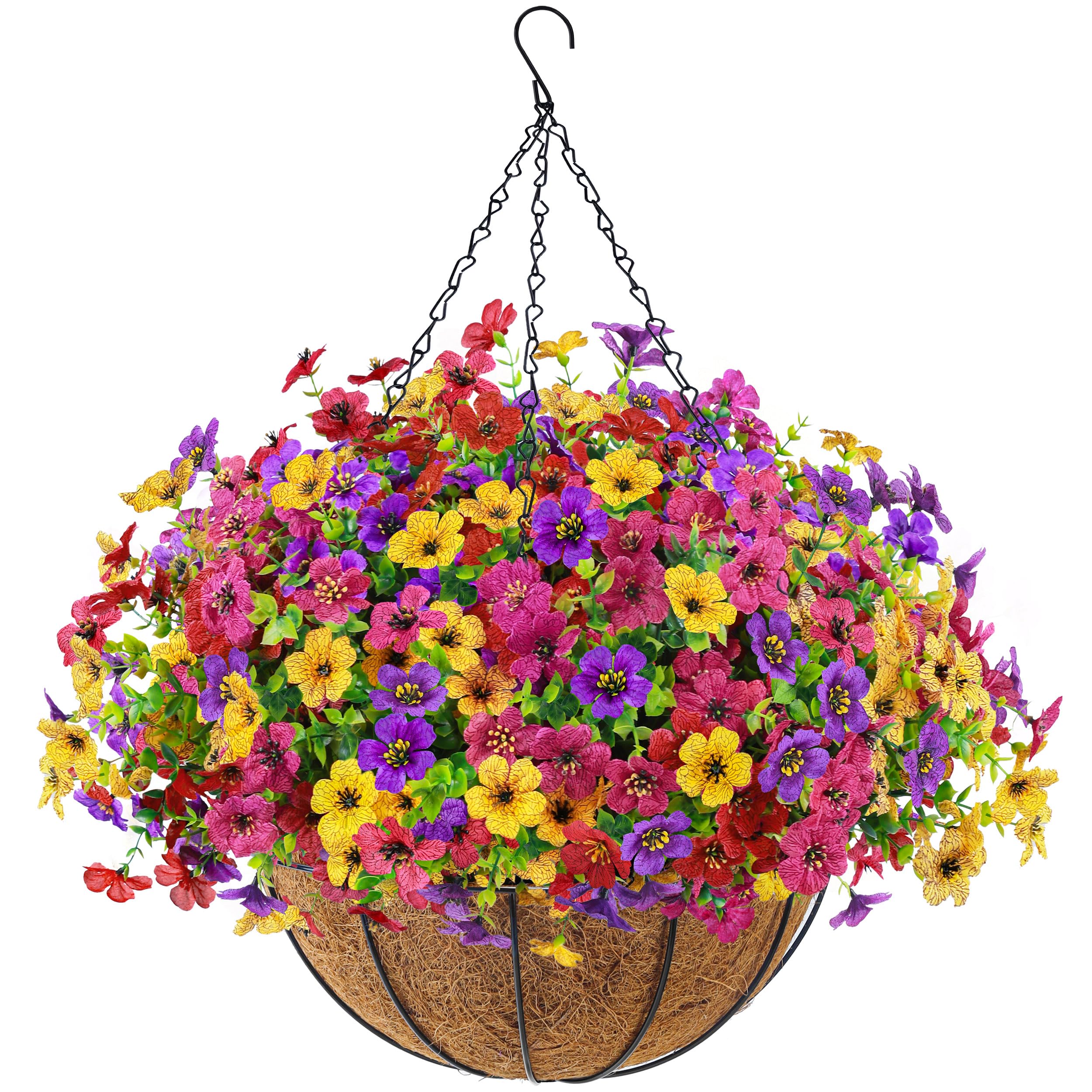 Der Rose Artificial Hanging Flowers Basket for Outdoors Fake Hanging Plants Spring Summer Decoration UV Resistant for Garden Front Porch Patio Balcony Decor