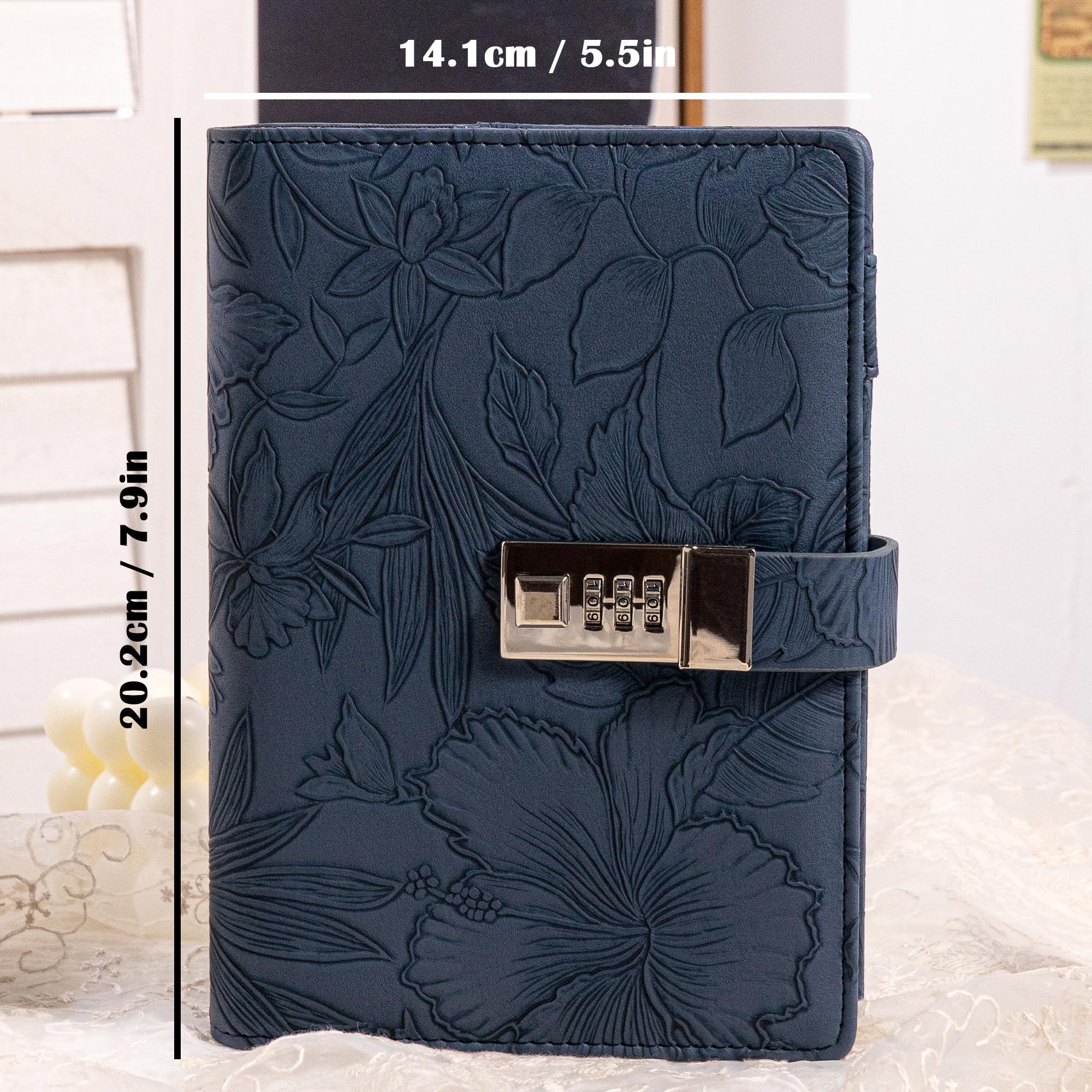 Diary with Lock for Women, 3D Embossed Journal with Lock, 224 Pages Wide lined Notebooks, PU Leather with Pen and Stickers Planner Organizer for Women & Men