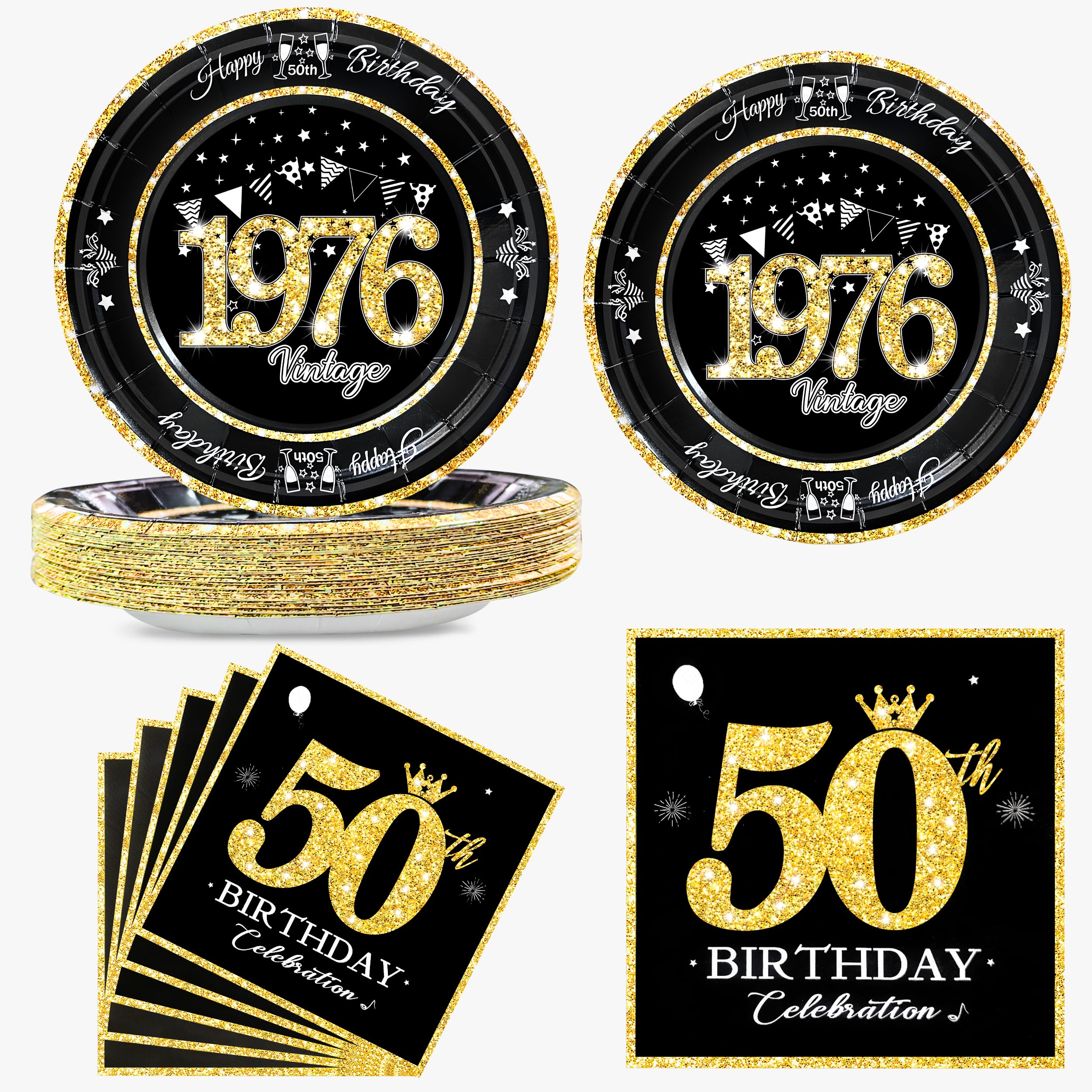 algpty 60 PCS Vintage 50th Birthday Plates and Napkins Set, 50th Birthday Decorations Black and Gold, Service for 30, 1976 Dessert Plates and Napkins Party Supplies for Men Women