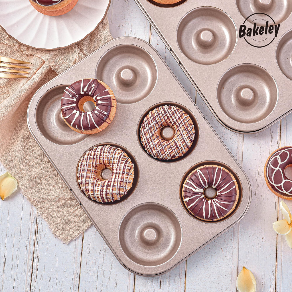 Bakeley Donut Pan Set of 2 Nonstick 6 Cavity Doughnut Pan Carbon Steel Bagels Tray for Baking (Champagne Gold)