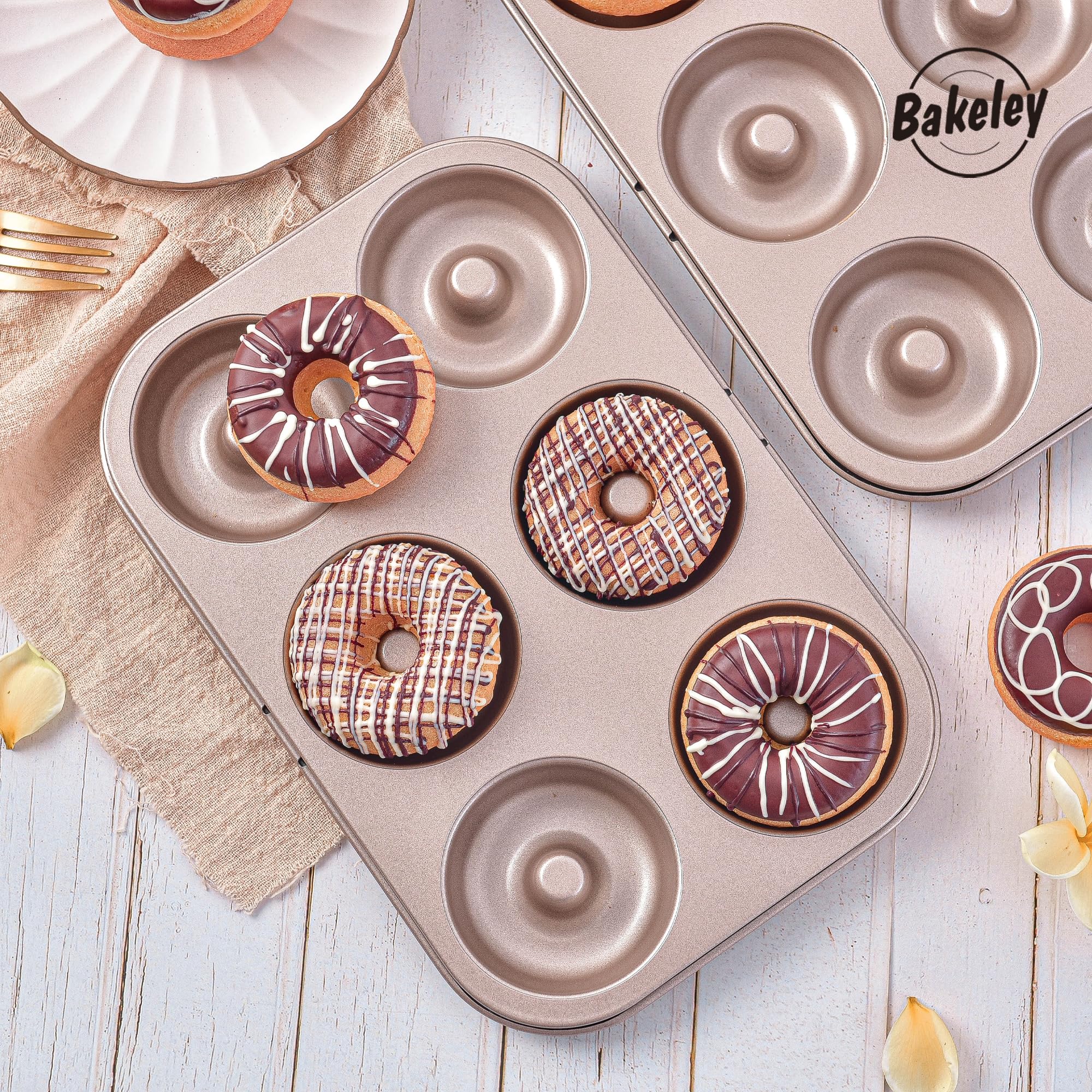 Bakeley Donut Pan Set of 2 Nonstick 6 Cavity Doughnut Pan Carbon Steel Bagels Tray for Baking (Champagne Gold)