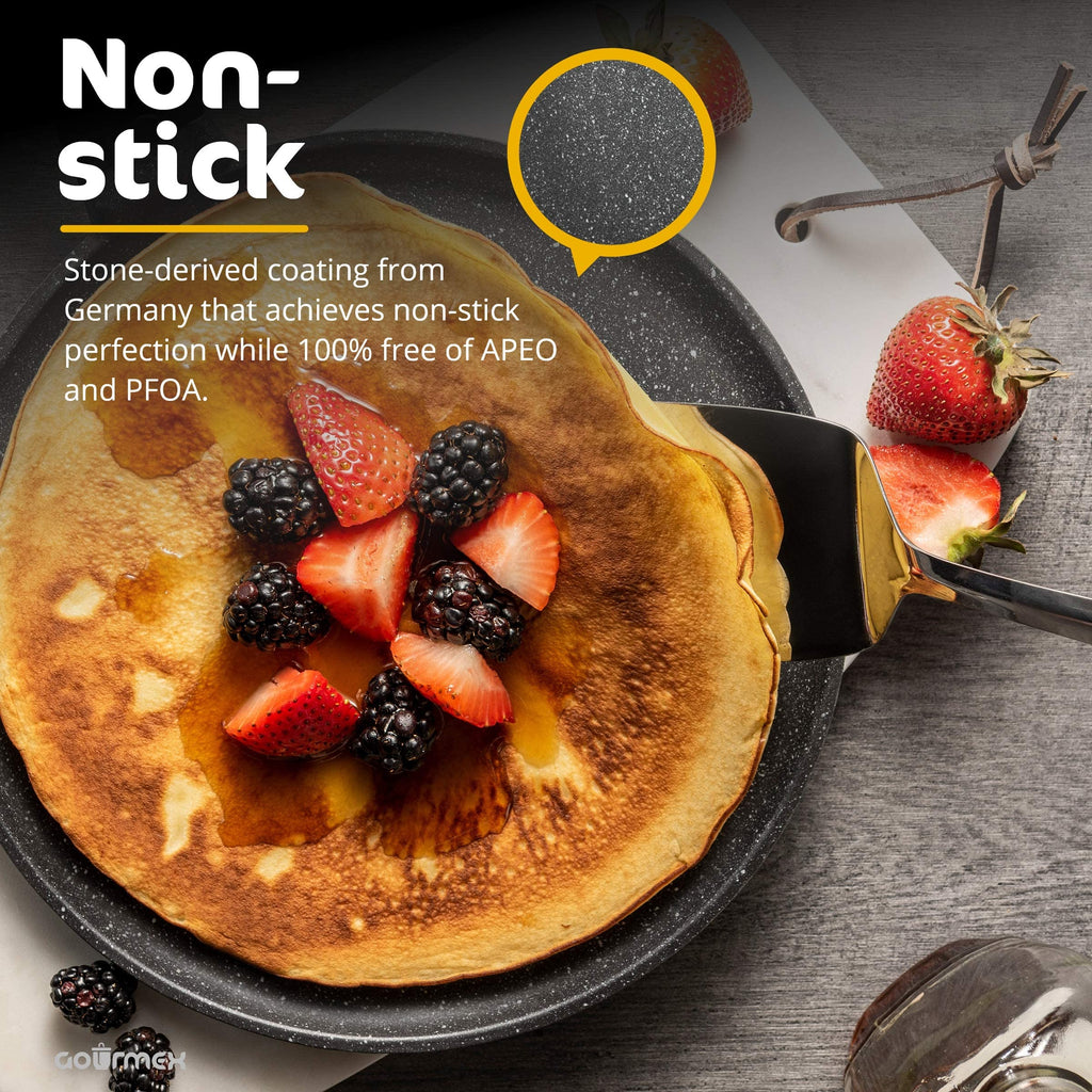 GOURMEX 26cm Induction Crepe Pan, Black, PFOA Free Nonstick Coating | Great Skillet for Omelets and Crepes | (26cm Crepe Pan)