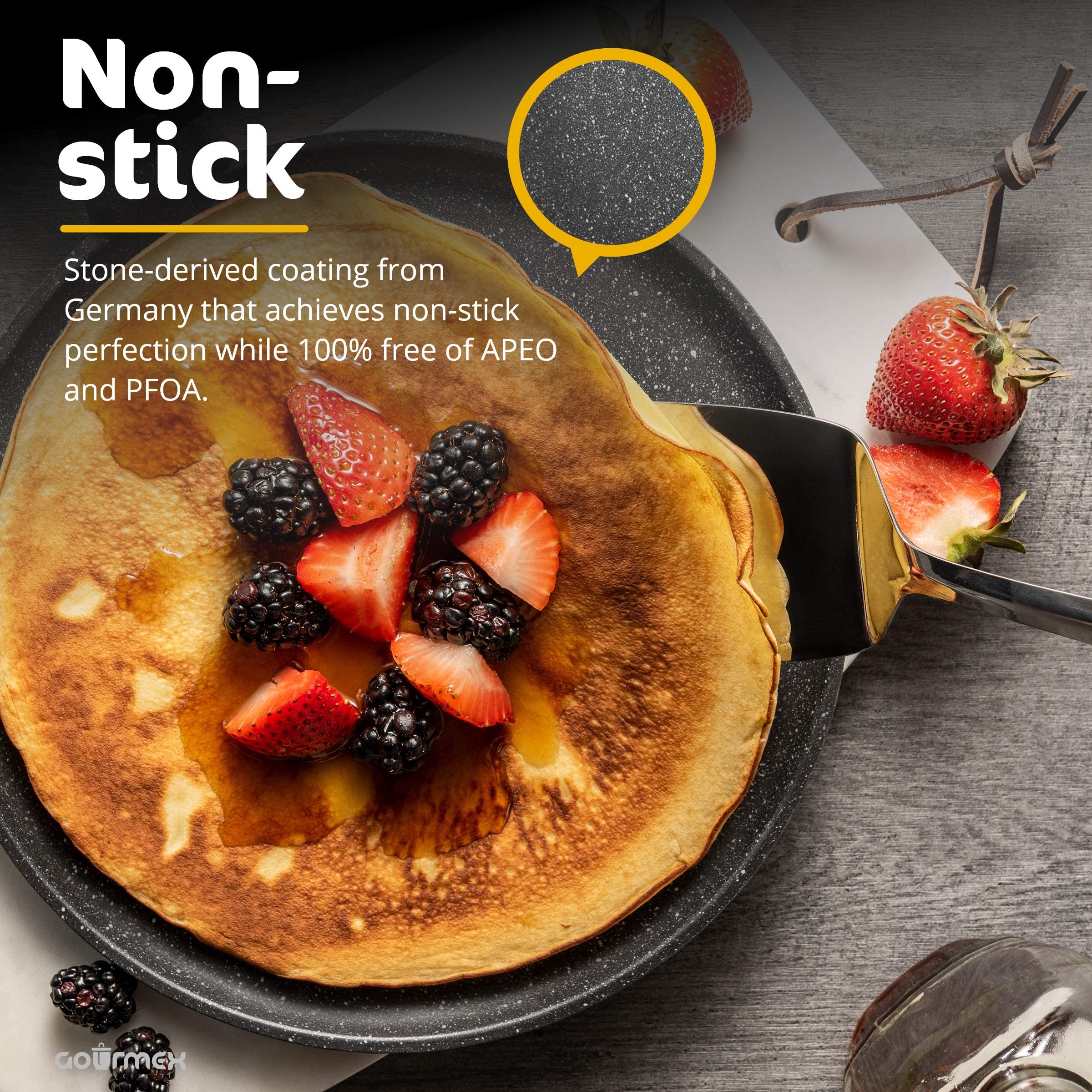 GOURMEX 26cm Induction Crepe Pan, Black, PFOA Free Nonstick Coating | Great Skillet for Omelets and Crepes | (26cm Crepe Pan)
