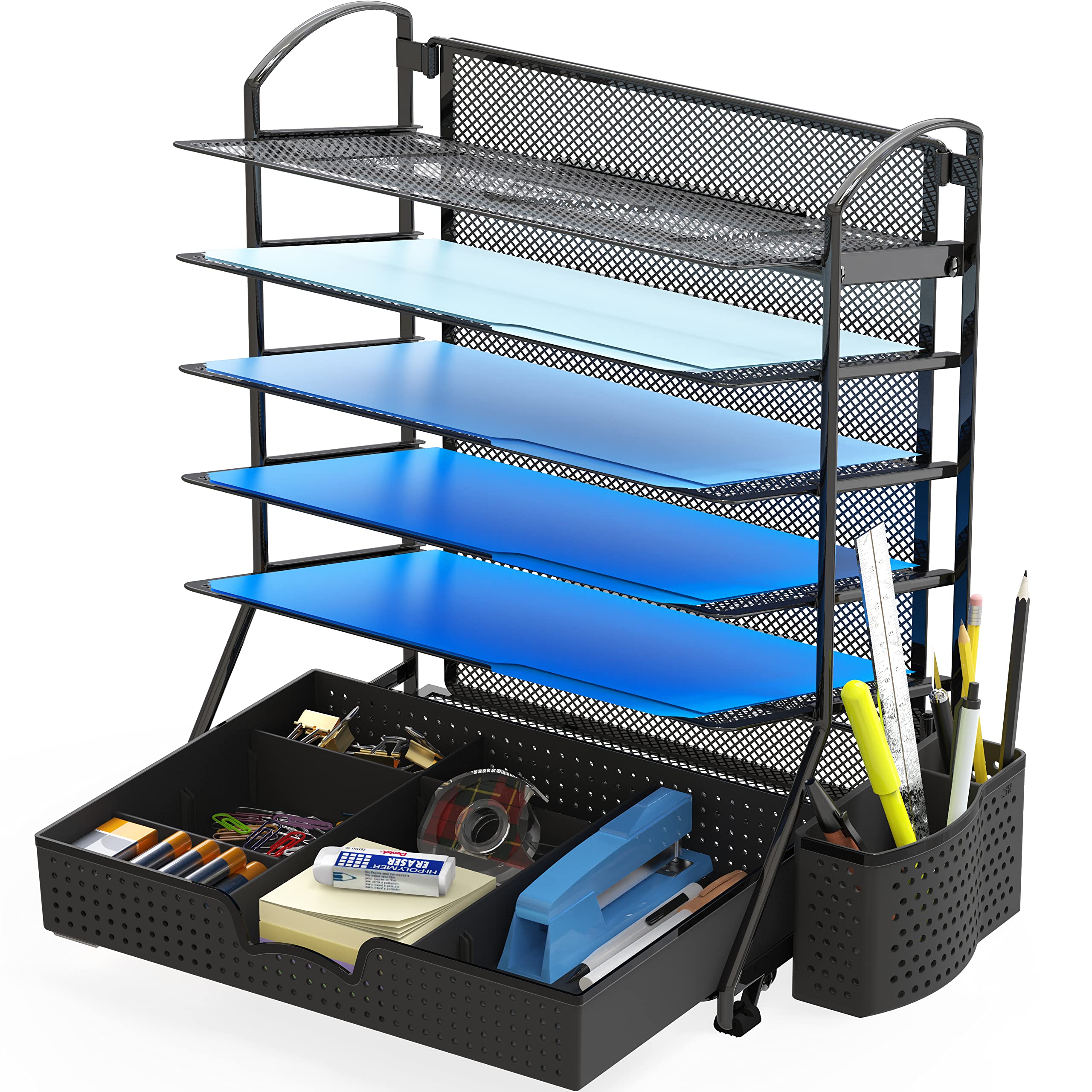 Simple Houseware 6 Trays Desk Document File Tray Organizer with Sliding Drawer, Black