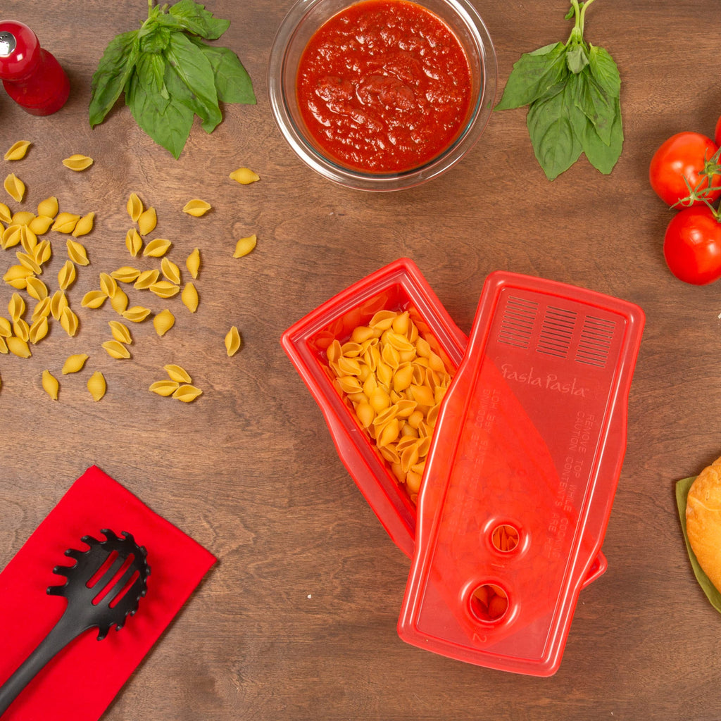 Microwave Pasta Cooker, Uncoated- The Original Fasta Pasta (Red)- Quickly Cooks up to 4 Servings- No Mess, Sticking or Waiting for Boil- Perfect Al Dente Pasta Every Time- for Dorms, Small Kitchens,