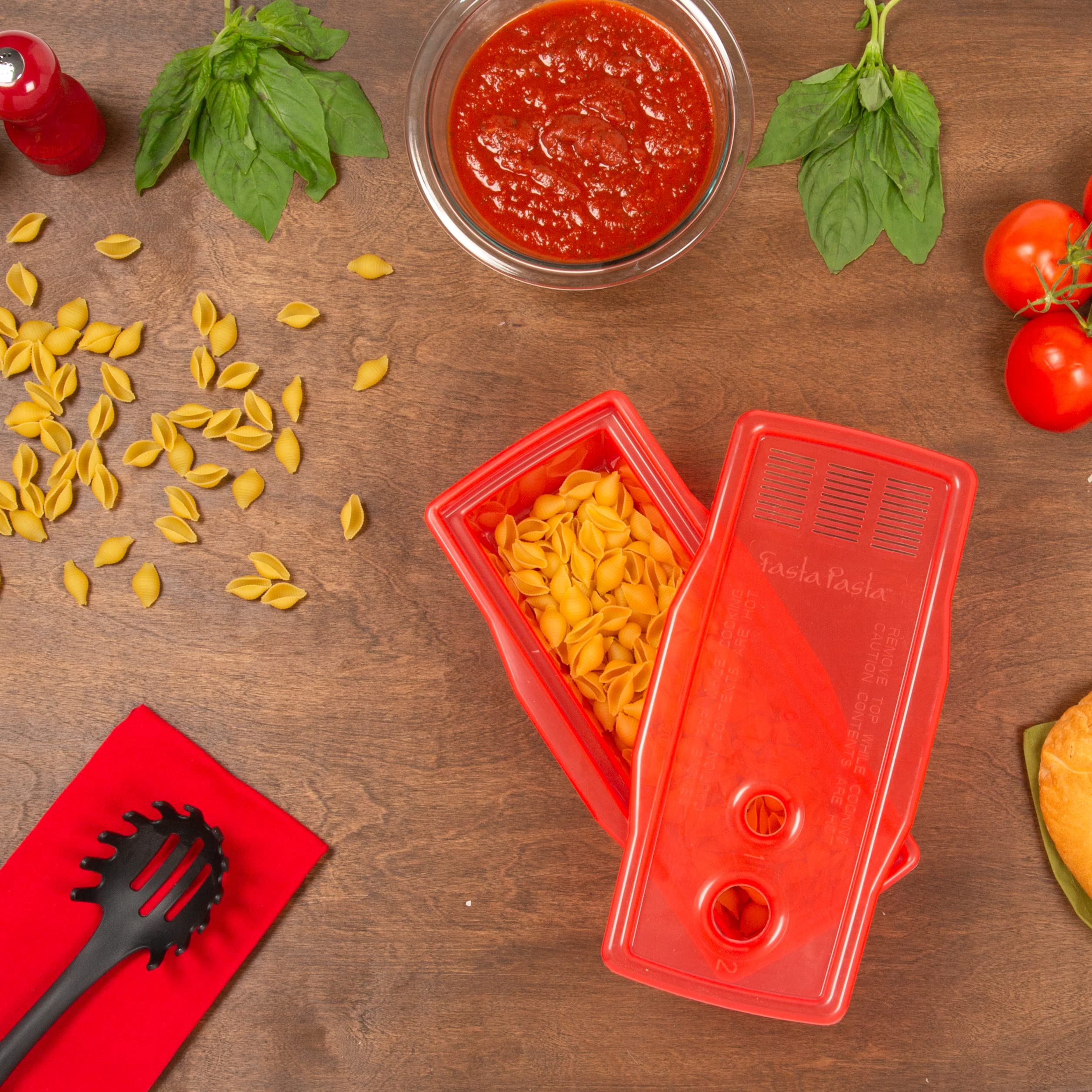 Microwave Pasta Cooker, Uncoated- The Original Fasta Pasta (Red)- Quickly Cooks up to 4 Servings- No Mess, Sticking or Waiting for Boil- Perfect Al Dente Pasta Every Time- for Dorms, Small Kitchens,