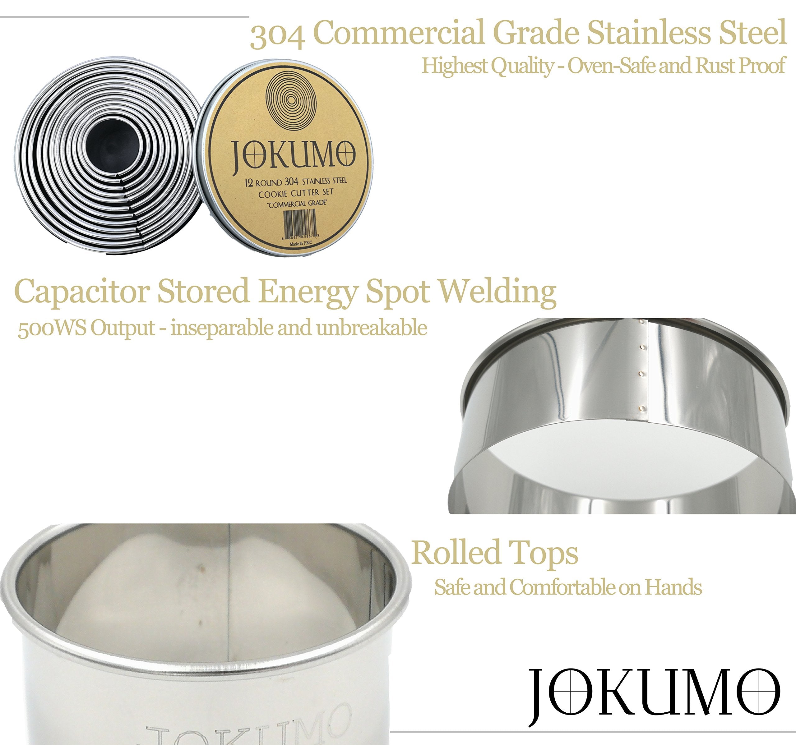 JOKUMO 12 Piece Plain Round Pastry/Cookie Cutter Set Heavy Duty Commercial Grade 18/8 304 Stainless Steel - Metal Marked Size - Perfect for Cooking Enthusiast (12 Pcs Commercial Grade Round)
