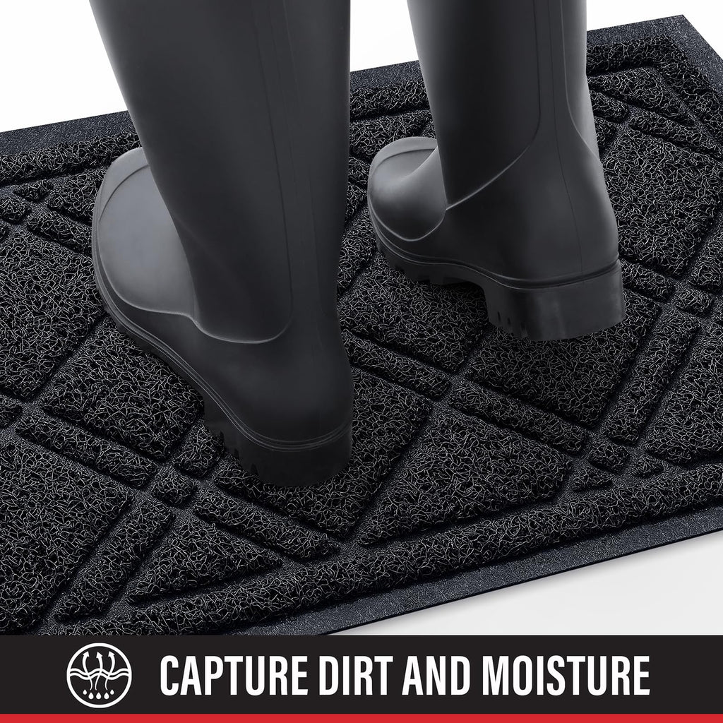 Front Door Mat Outdoor Mat for Entrance, Non-Slip Low Profile Doormat, Durable Dirt Trapper Welcome Mat Shoe Mat for Outdoor, Indoor, Front Back Doors, Entrance, 17"x30", Black