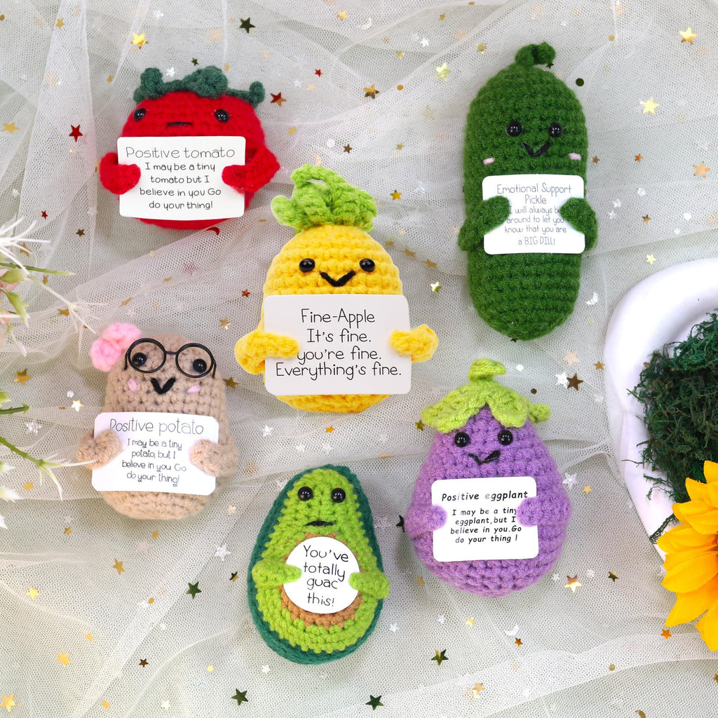 QNNEFF 6PCS Positive Potato Cute Emotional Support Pickle Funny Mini Positive Crochet Dolls Avocado Pineapple Eggplant Tomato Holding Positive Cards Wool Knitted Toy Encouragement Gifts
