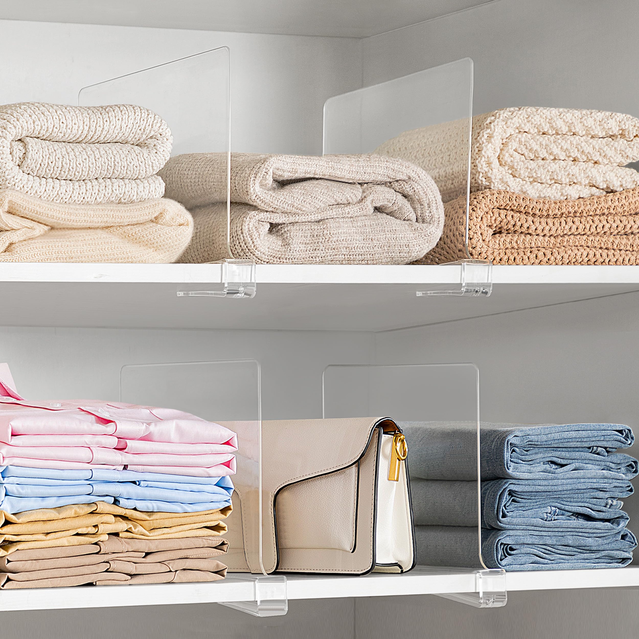 HBlife 6 Pack Clear Shelf Dividers, Vertical Purse Organizer for Closet Perfect for Sweater, Shirts, Handbags in Bedroom and Kitchen, Adjustable Acrylic Bookshelf for Organization