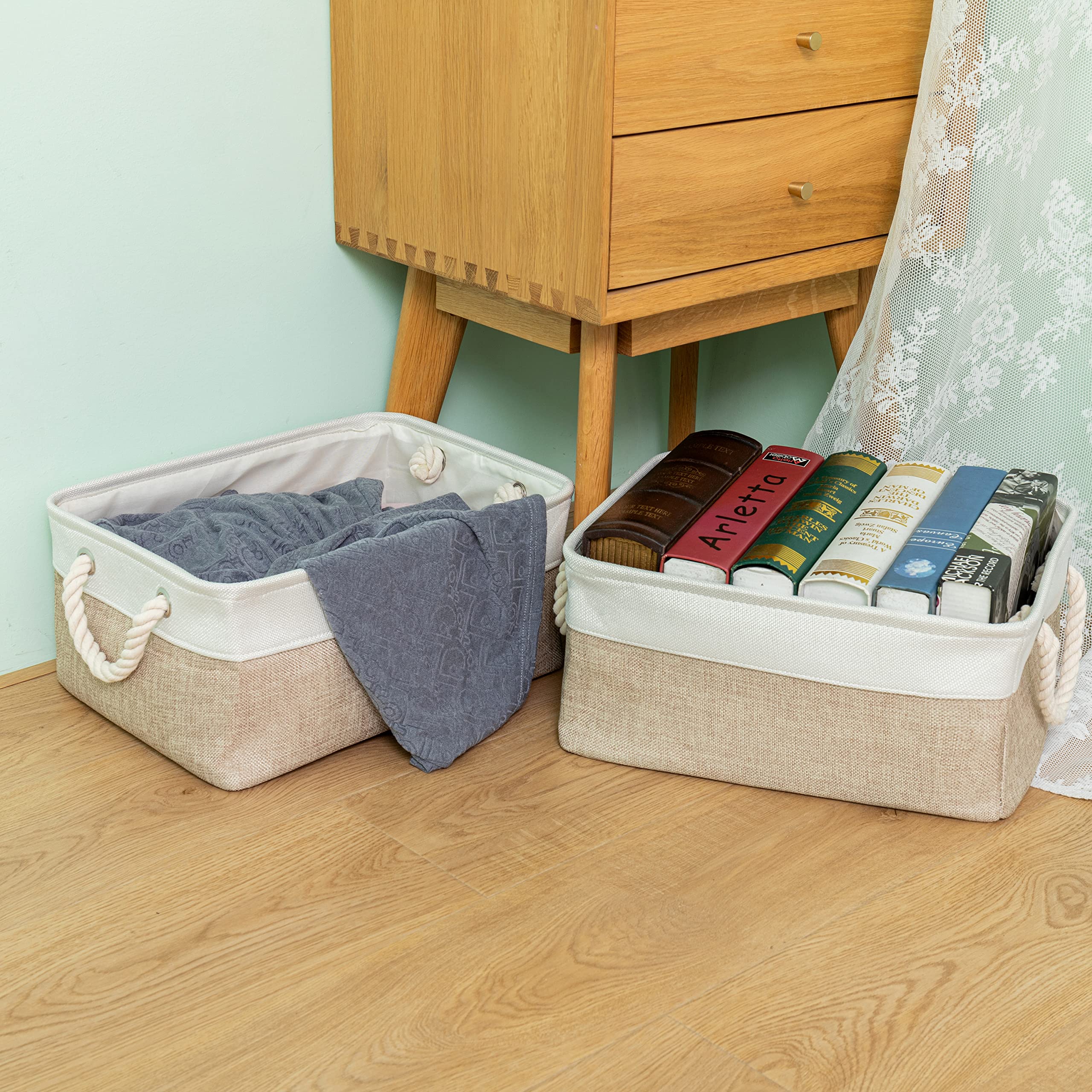 Storage Basket Bins - Fabric Basket&Decorative Baskets Storage Box Cubes Containers W/Handles for Clothes Storage Books, Home, Office, Garage (Beige&White, 36X26X17 (3pack))