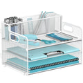 JMHUD 3-Tier Paper Letter Tray Organizer with Pen Holder, Mesh Desk Accessories & Workspace Organizers with Handle, File Sorter Office Supplies for Desk,White
