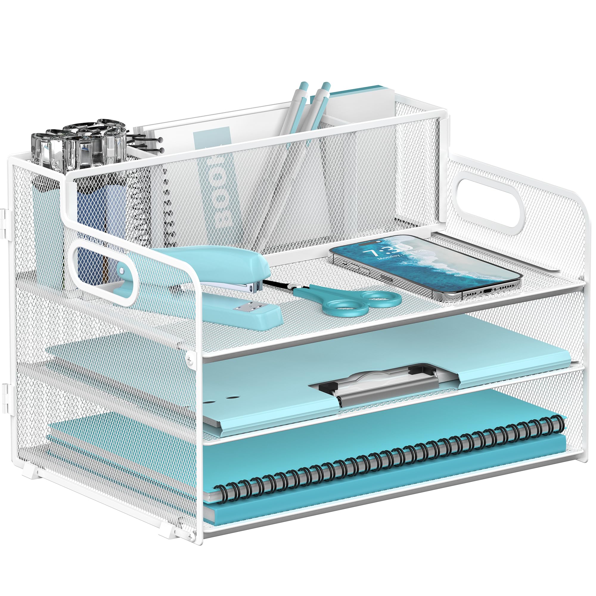 JMHUD 3-Tier Paper Letter Tray Organizer with Pen Holder, Mesh Desk Accessories & Workspace Organizers with Handle, File Sorter Office Supplies for Desk,White
