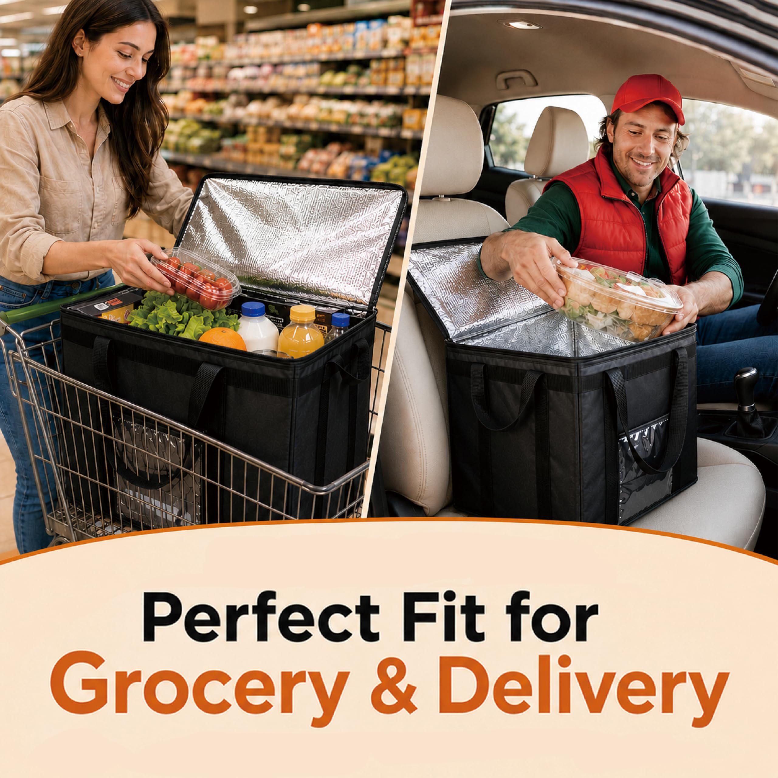 NZ Home Insulated Food Delivery Bag (3XL) Grocery Cooler Bag, Thermal Pizza Delivery & Catering Tote, Heavy Duty & Foldable Food Carrier (Black)