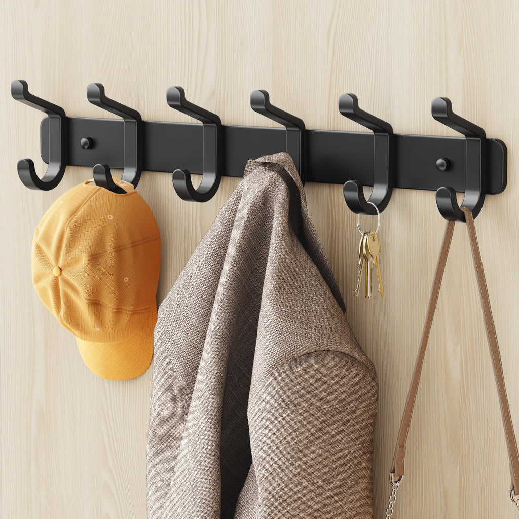 Coat Rack Wall Mounted Heavy-Duty: Metal Coat Hanger 6 Hooks for Hanging Hat, Clothes, Robe, Keys, Backpack, Bathroom Towels, Jacket, Purse - Closet, Door, Entryway, Mudroom (Black, 2 Pack)