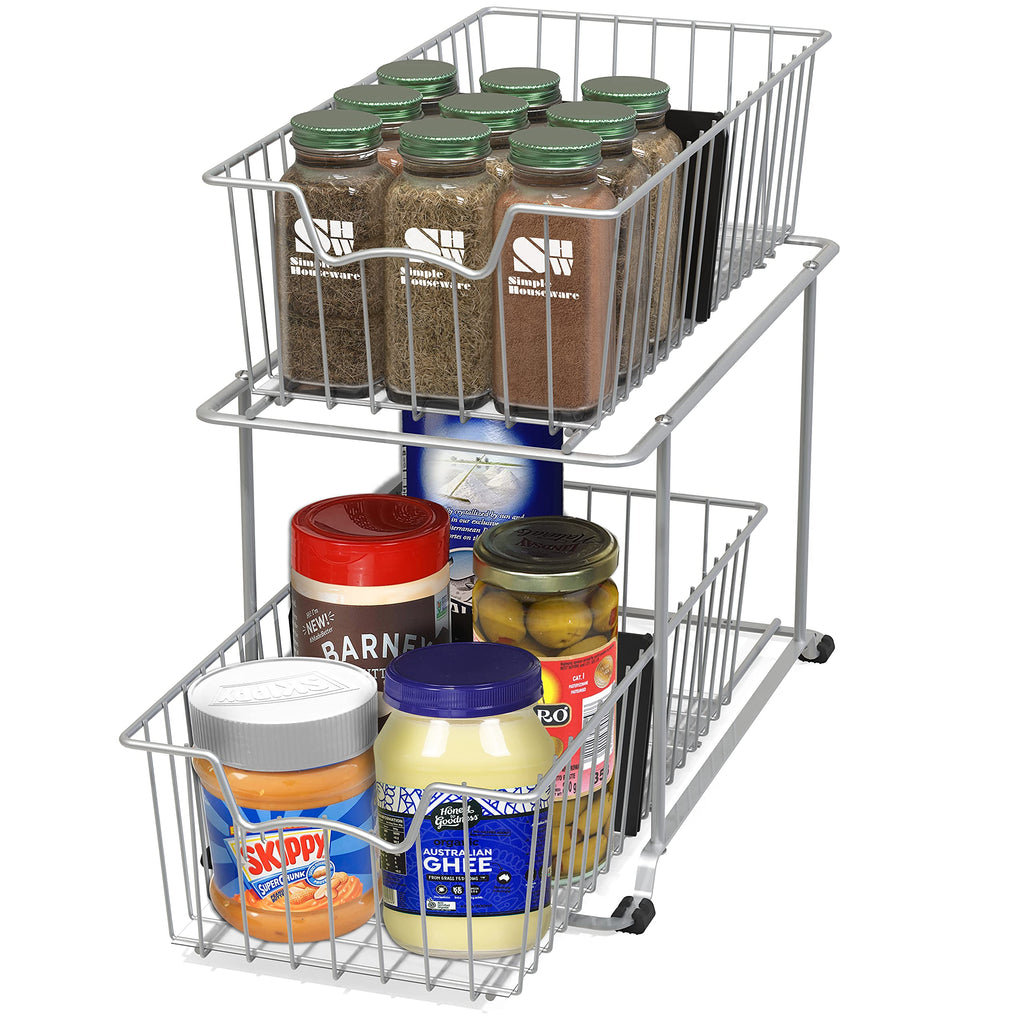 Simple Houseware 2 Tier Pull Out Cabinet Wire Basket Drawer Organizer for Under Sink, Kitchen, and Bathroom, Silver