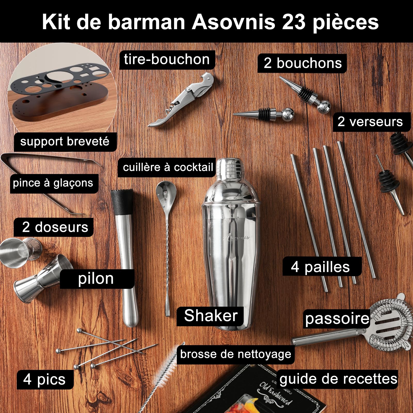 23-Piece Bartender Kit, Cocktail Shaker Set with Stand | Bar Set Drink Mixer Set with All Essential Bar Tools: Martini Shaker,Bar Mixer Spoon, Jigger, Strainer, Muddler, Pourers, for Home, Bar, Party
