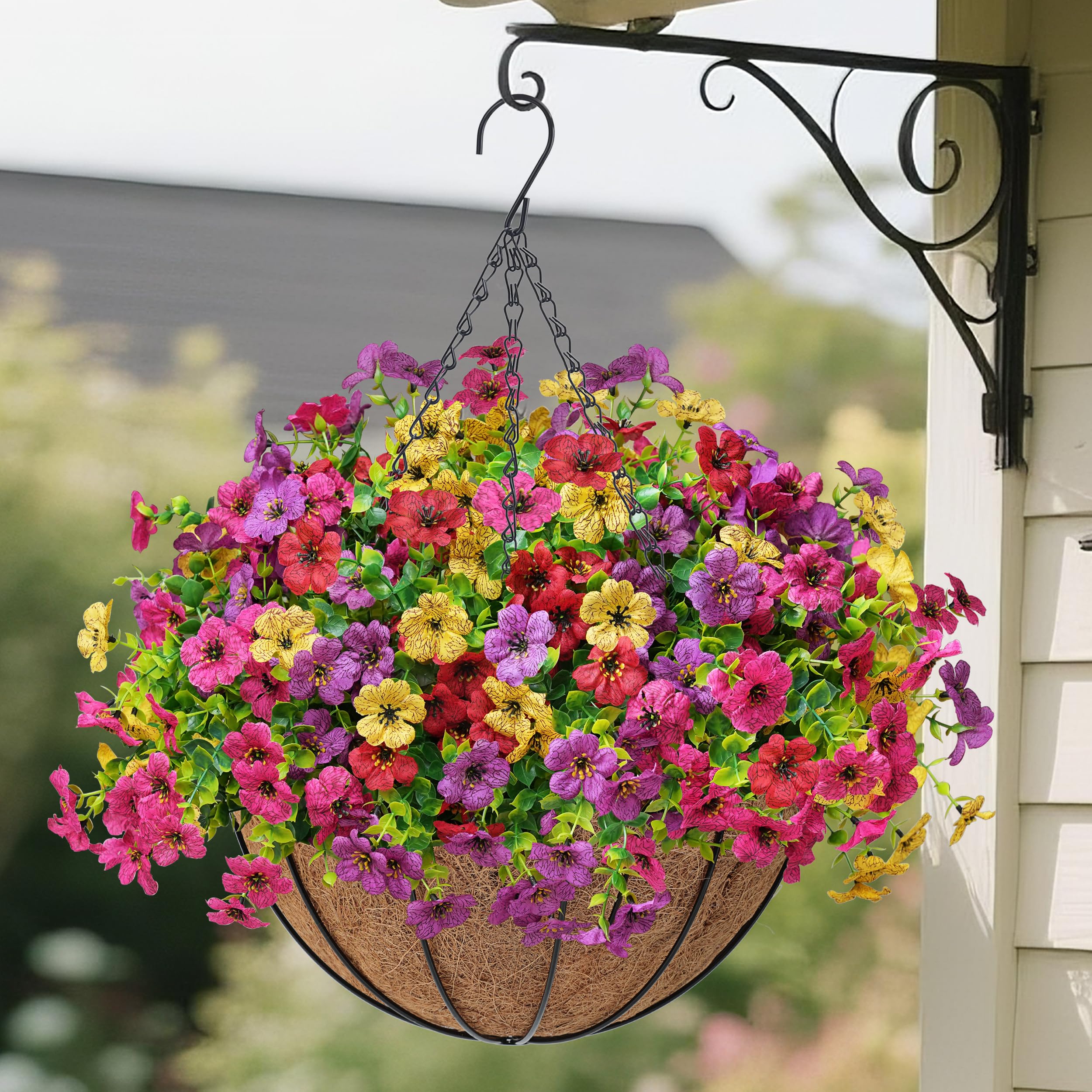 Der Rose Artificial Hanging Flowers Basket for Outdoors Fake Hanging Plants Spring Summer Decoration UV Resistant for Garden Front Porch Patio Balcony Decor