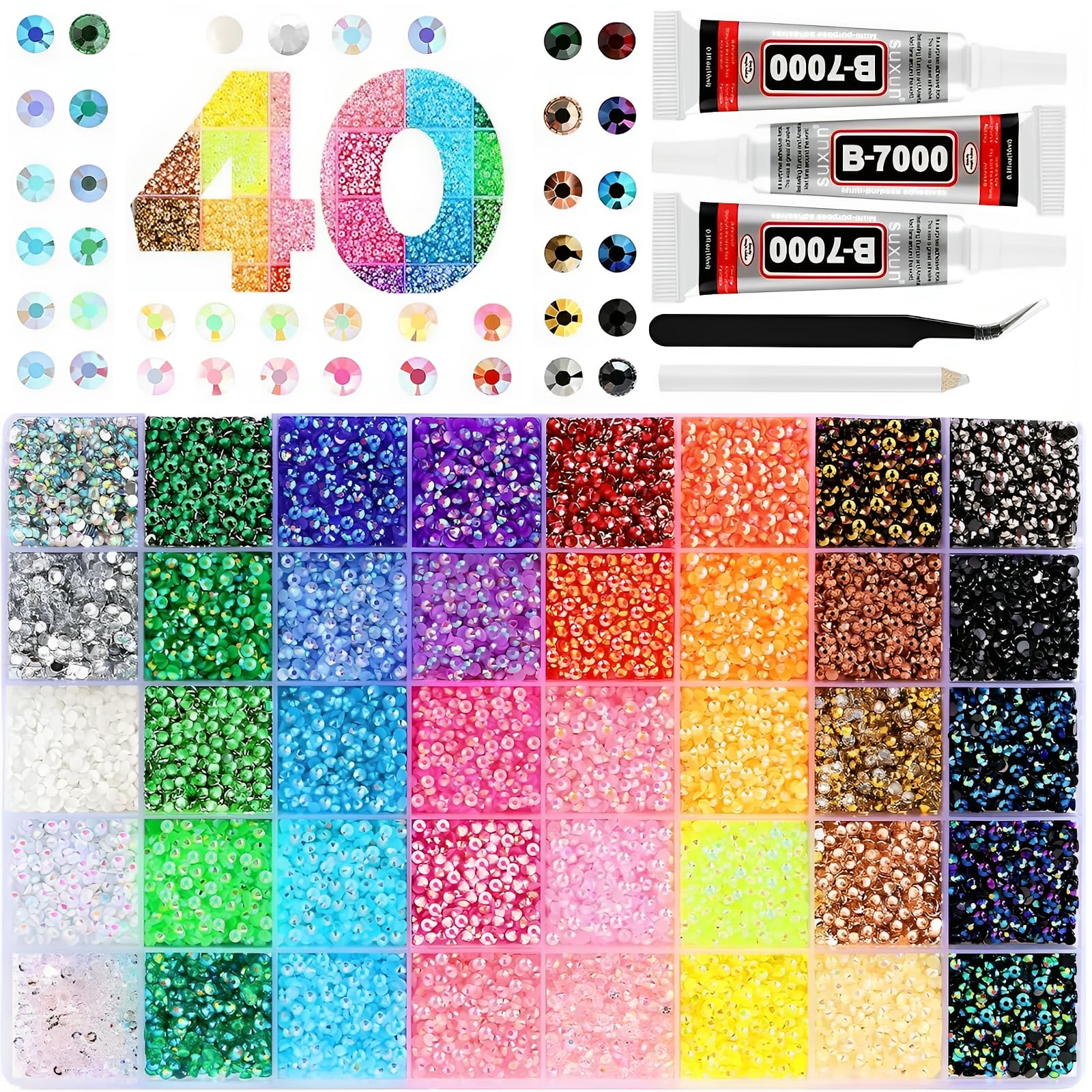 CyanHall Bedazzling Kit with 40 Colors, 32000 Pcs 3mm Flatback Rhinestones Resin Jelly Gems for Bedazzling, Rhinestone Kit with B7000 Glue for Nail Rhinestones, Shoes, Crafts, Diamond Art & DIY Bedazzler Projects