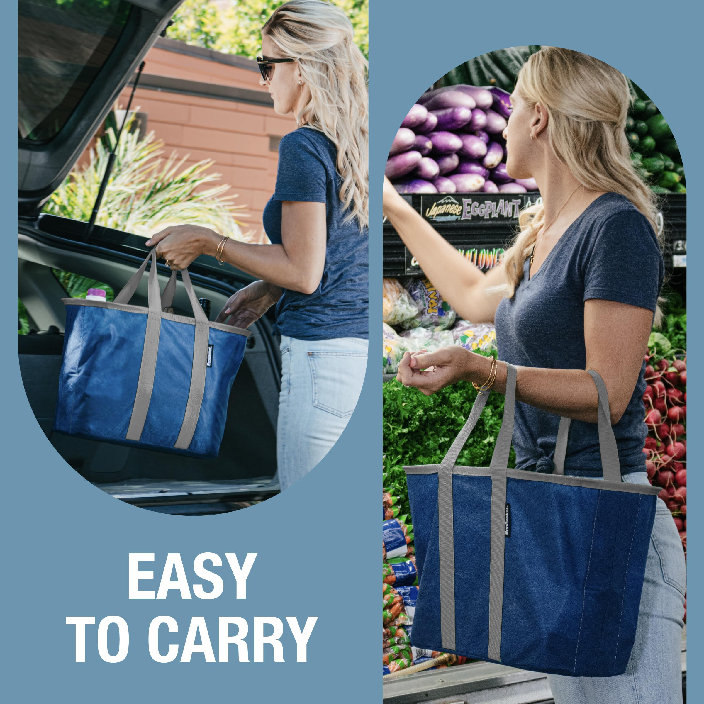CleverMade EcoBasket Reusable Grocery Tote - 30L - Pack of 1 - Blue Gray - Collapsible Storage Shopping Organizer - Heavy Duty Utility Bag Home