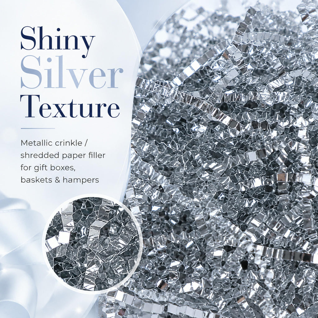 1LB (455g) Double Sided Silver Shredded Tissue Paper for Packing Gift Boxes - Premium Crinkle Cut Baskets Filler Shredded Paper, Recyclable Hamper Fillers for Packaging, Crafting & Gifting