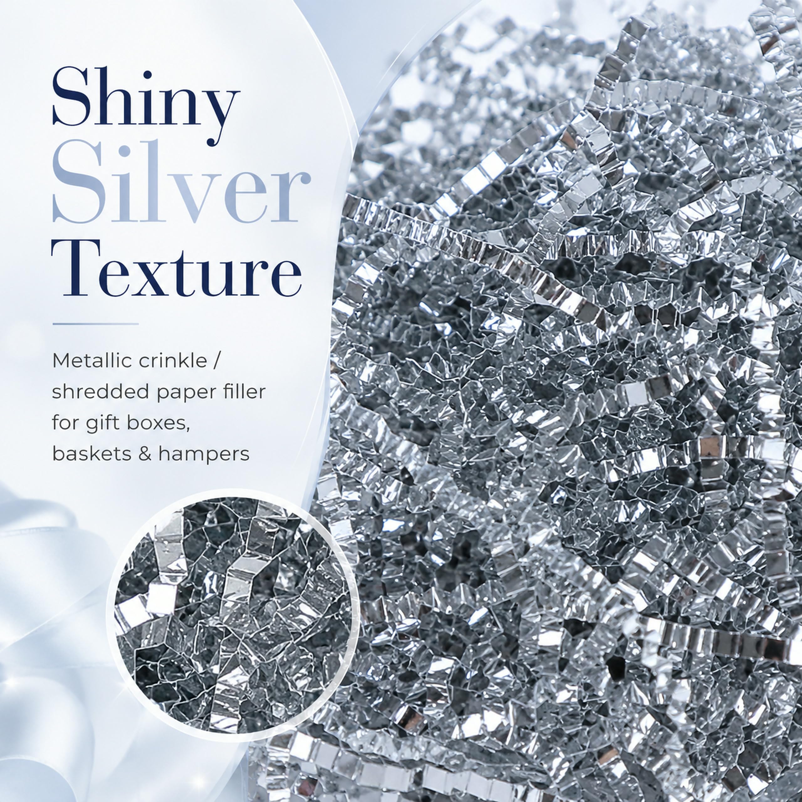 1LB (455g) Double Sided Silver Shredded Tissue Paper for Packing Gift Boxes - Premium Crinkle Cut Baskets Filler Shredded Paper, Recyclable Hamper Fillers for Packaging, Crafting & Gifting