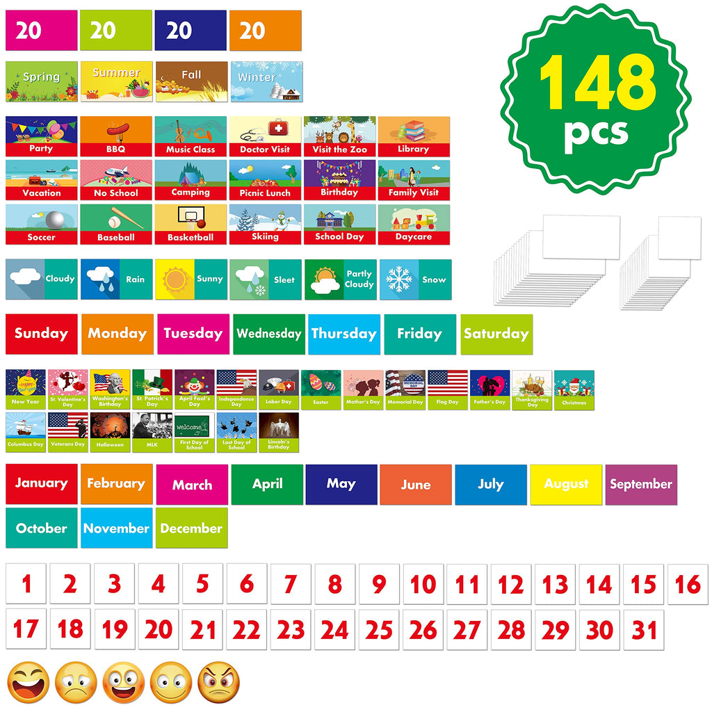 Calendar and Weather Pocket Chart with 148 Cards,(108 Illustrated Activity Cards, 40 Dry Erasable Flash Cards and 3 Hooks 28” X 35.5”)