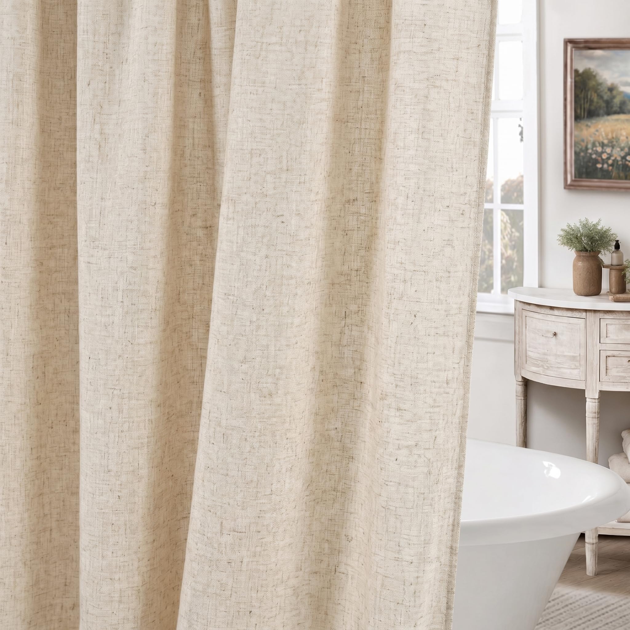 Linen Shower Curtain Beige 72x72 Inches, Rustic Farmhouse Fabric Shower Curtain Waterproof for Bathroom with Hooks Heavy Duty (Natural)
