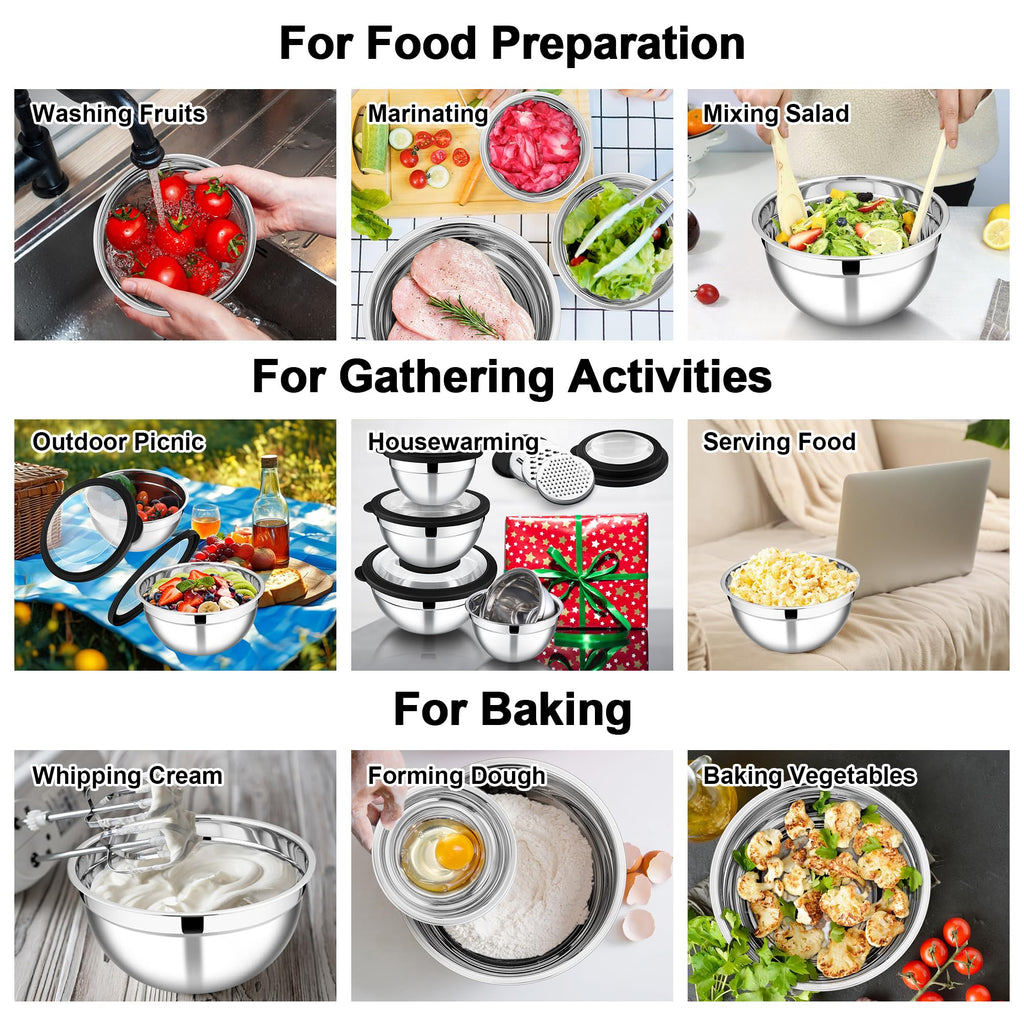 E-far Mixing Bowls Set of 5, Stainless Steel Salad Mixing Bowl with Transparent Lid, Metal Nesting Bowl Attach with 3 Graters for Kitchen Prepping/Serving/Baking/Storage, 4.6/2.6/1.5/1/0.7 QT - Black