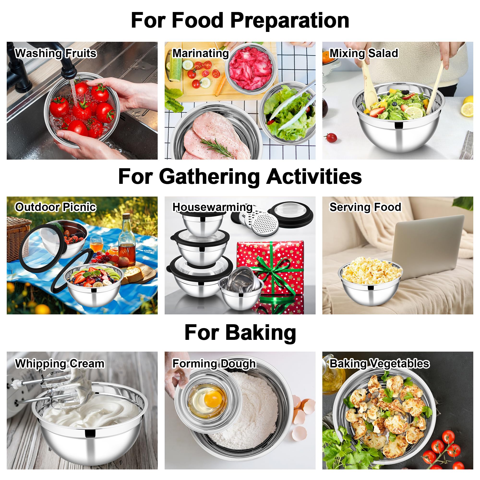 E-far Mixing Bowls Set of 5, Stainless Steel Salad Mixing Bowl with Transparent Lid, Metal Nesting Bowl Attach with 3 Graters for Kitchen Prepping/Serving/Baking/Storage, 4.6/2.6/1.5/1/0.7 QT - Black