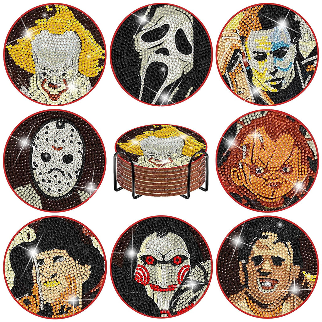 Lukinuo 8pcs Diamond Painting Coasters Kit with Holder Cork Base DIY Halloween Coaster Diamond Art Kit Full Drill Rhinestone Painting Kits for Beginners Adults Kids Art Craft Halloween Supplies